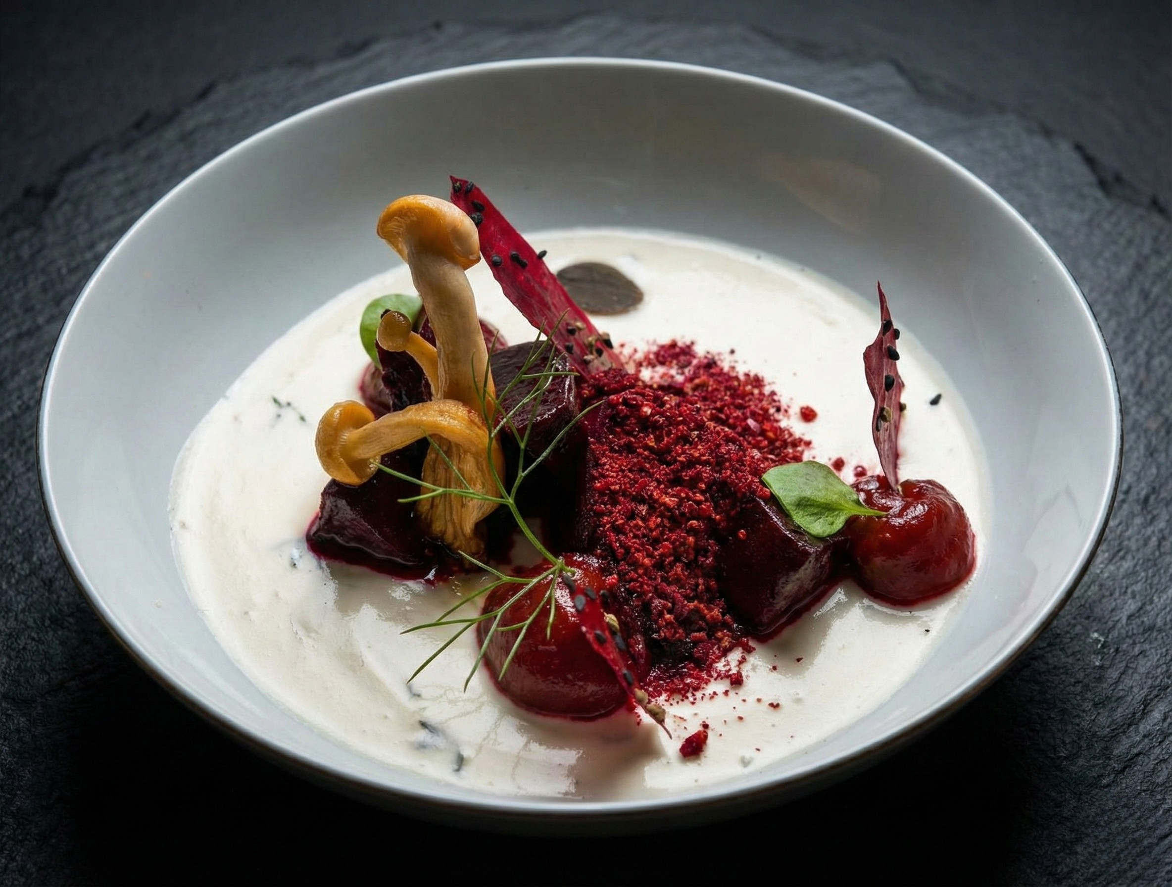 Ein elaboriertes Gericht mit roten Beeten, Pilzen, grünen Blättern und einer weißen Soße, serviert in einer weißen Schüssel auf einer schwarzen Oberfläche.