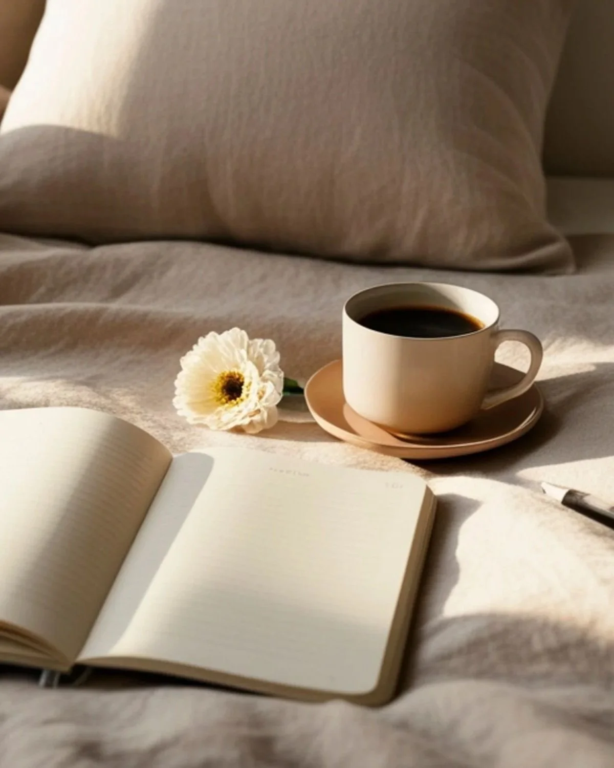 Open notebook, white flower, coffee cup on saucer, pen, and pillow on bed in warm sunlight