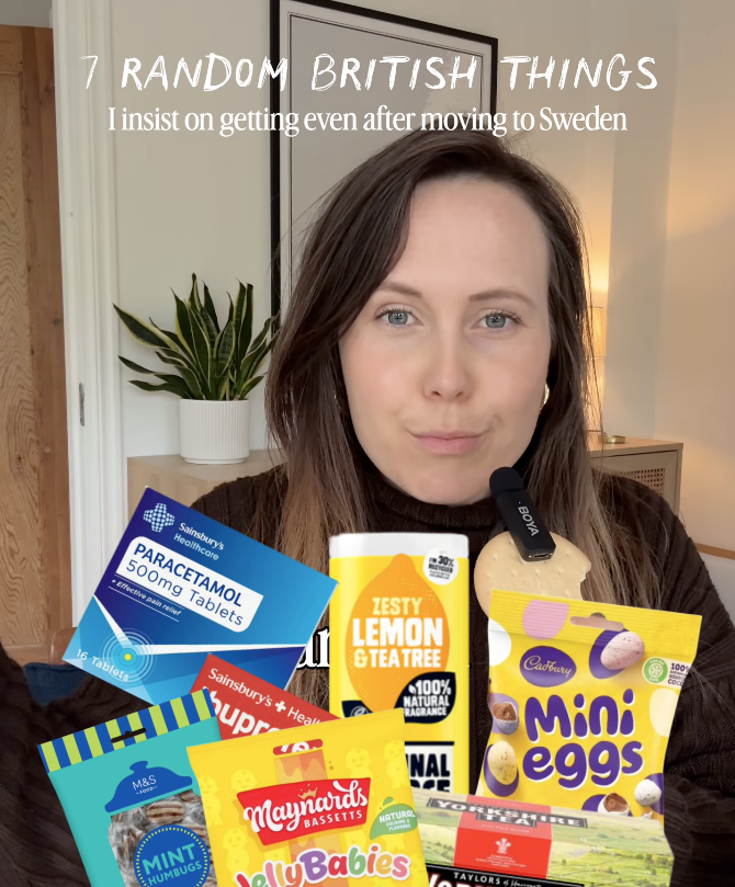 Woman gesturing in front of seven British items