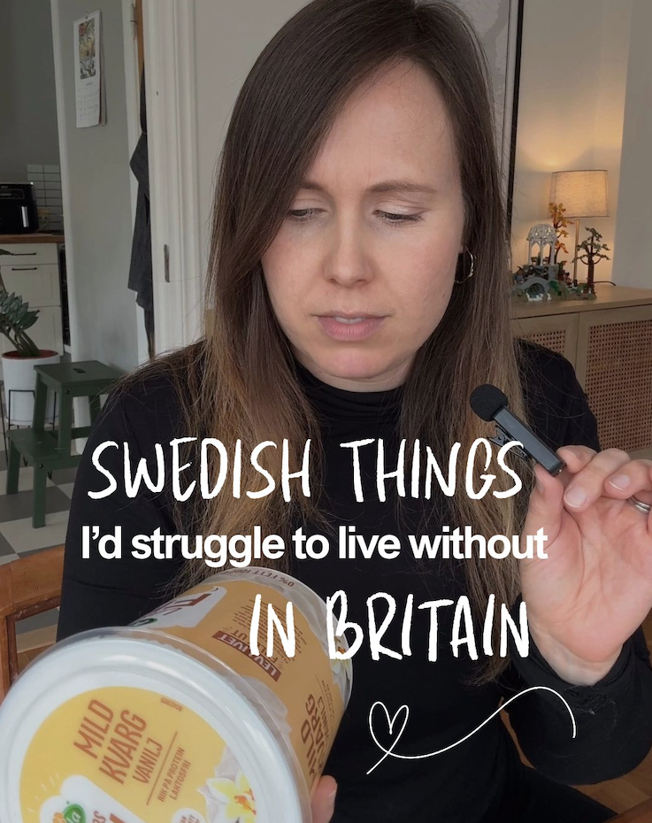 Woman with a pot of quark with the text "Swedish things I'd struggle to live without in Britain"