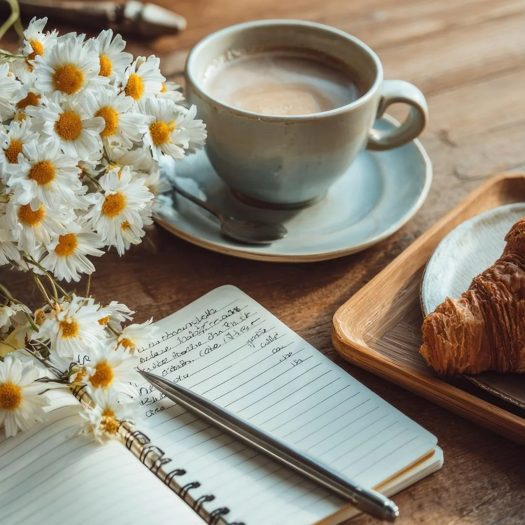 a cup of coffee on a desk with a marketing notebook and daisies