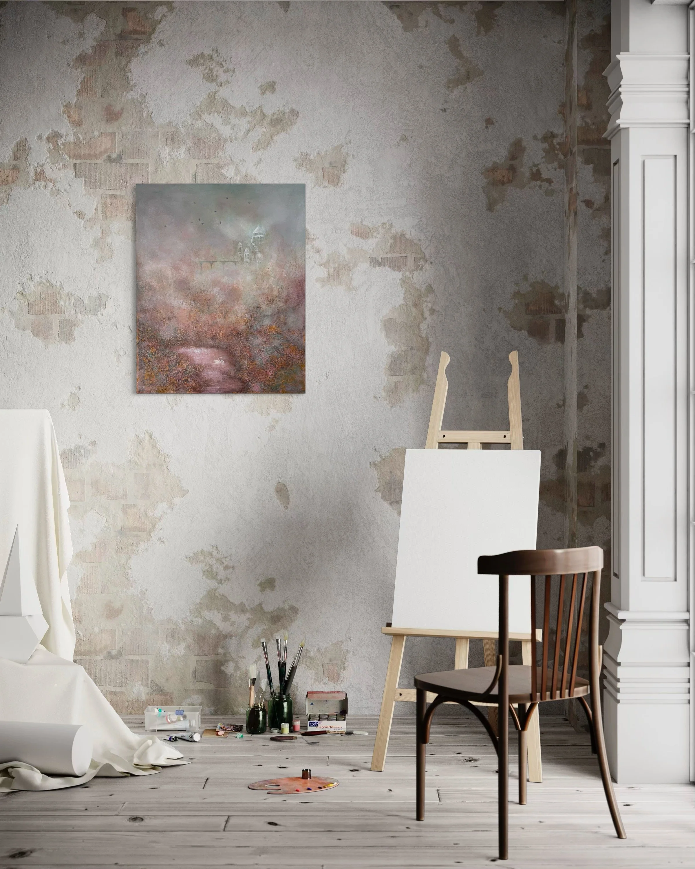 An artist's studio with a worn, textured wall, an easel with a blank canvas, chairs, art supplies on the floor, and a landscape painting hanging on the wall.
