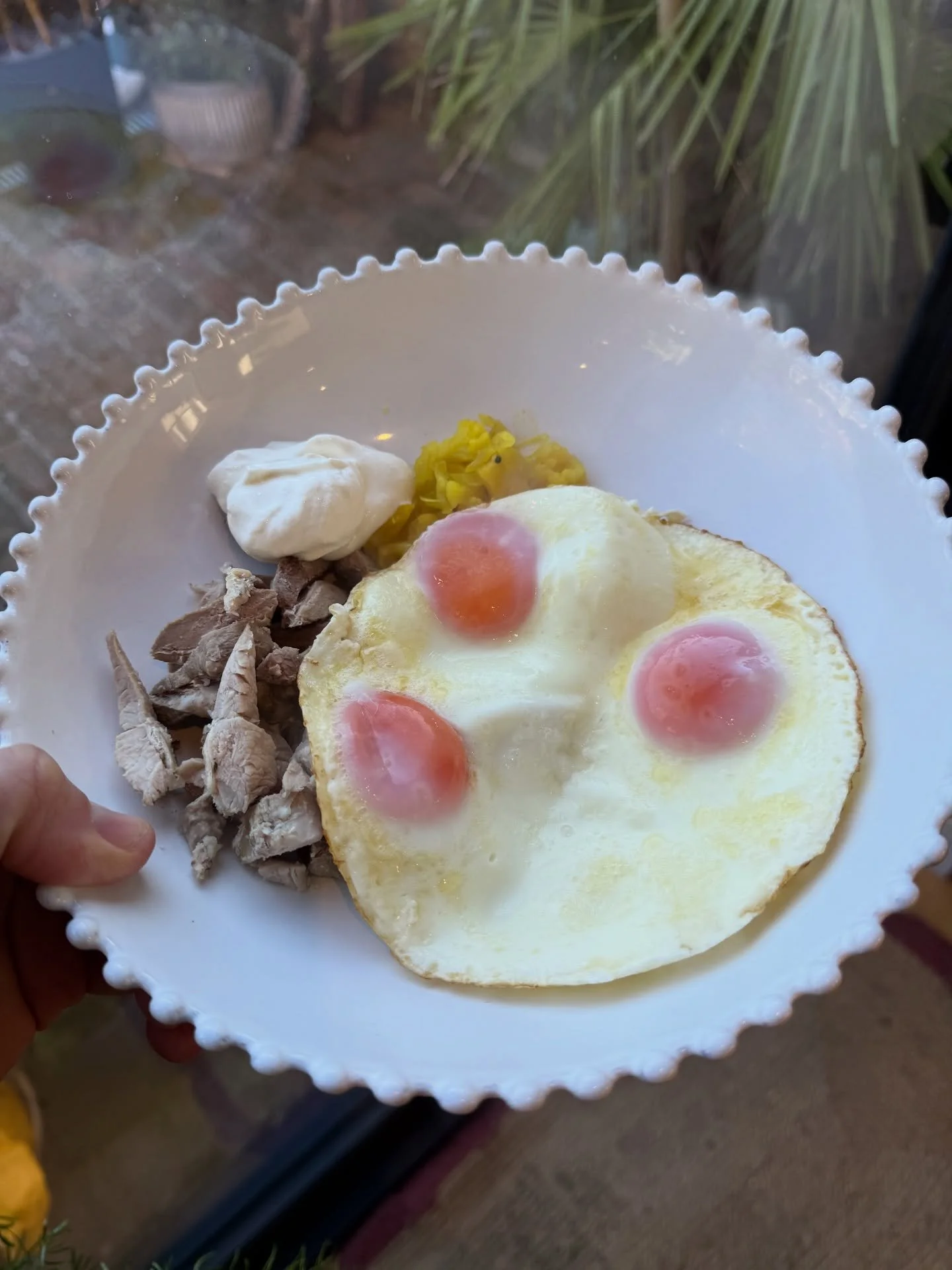 Strong start to the day and week. 12pm first meal. Protein: 39&ndash;42 g
Fat: 29&ndash;30g
Carbs: 4 g net
Fibre: 2 g

Here I&rsquo;ve got a simple, nutrient-dense start to the day.

Quality protein, healthy fats, and a little fermented food to suppo