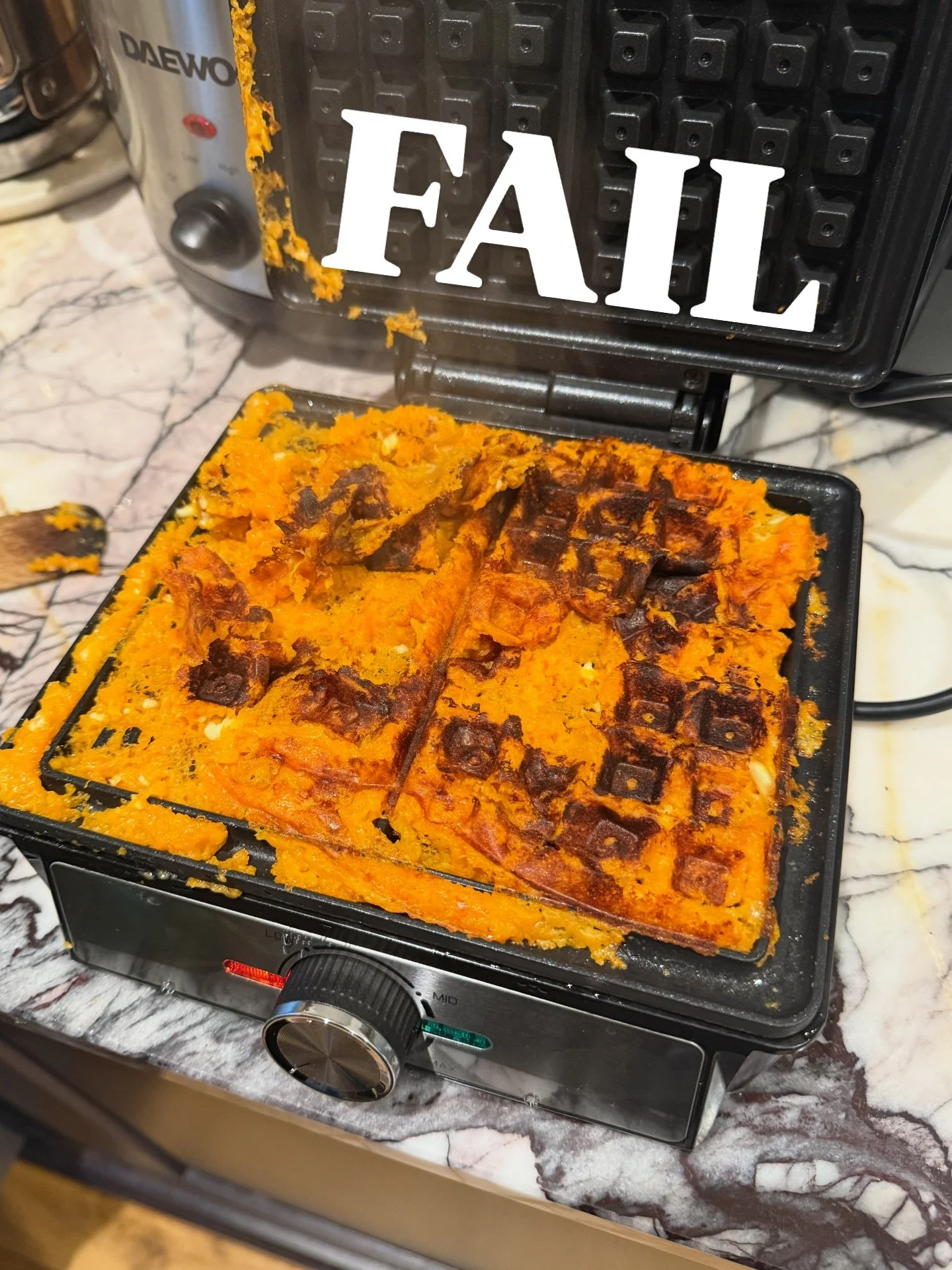 My sweet potato waffle attempt failed. Send tips ⬇️

1. Cooked and mashed sweet potato 
2. 1 tsp Bicarbonate of Soda
3. 1 tsp buckwheat floor 
4. 1 tablespoon cottage cheese
5. Handful palmersan cheese 
6. Salt