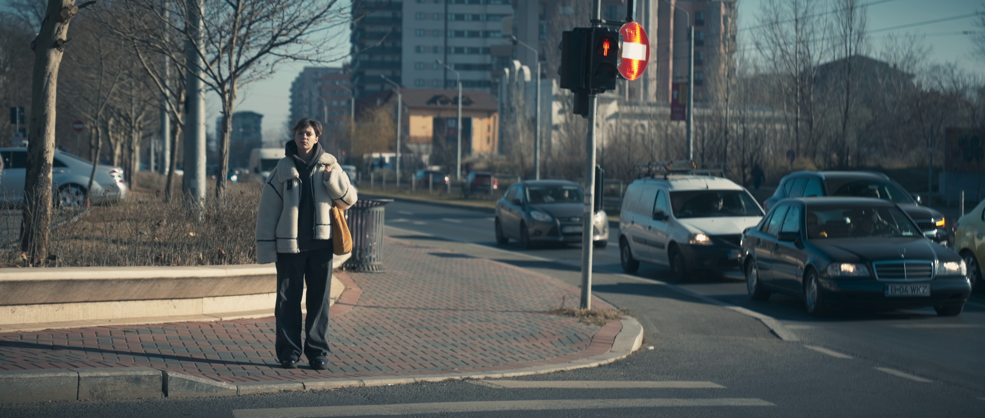 A person stands at a pedestrian crossing on a city street with cars stopped at a red light. There are trees, buildings, and parked cars in the background on a clear day.