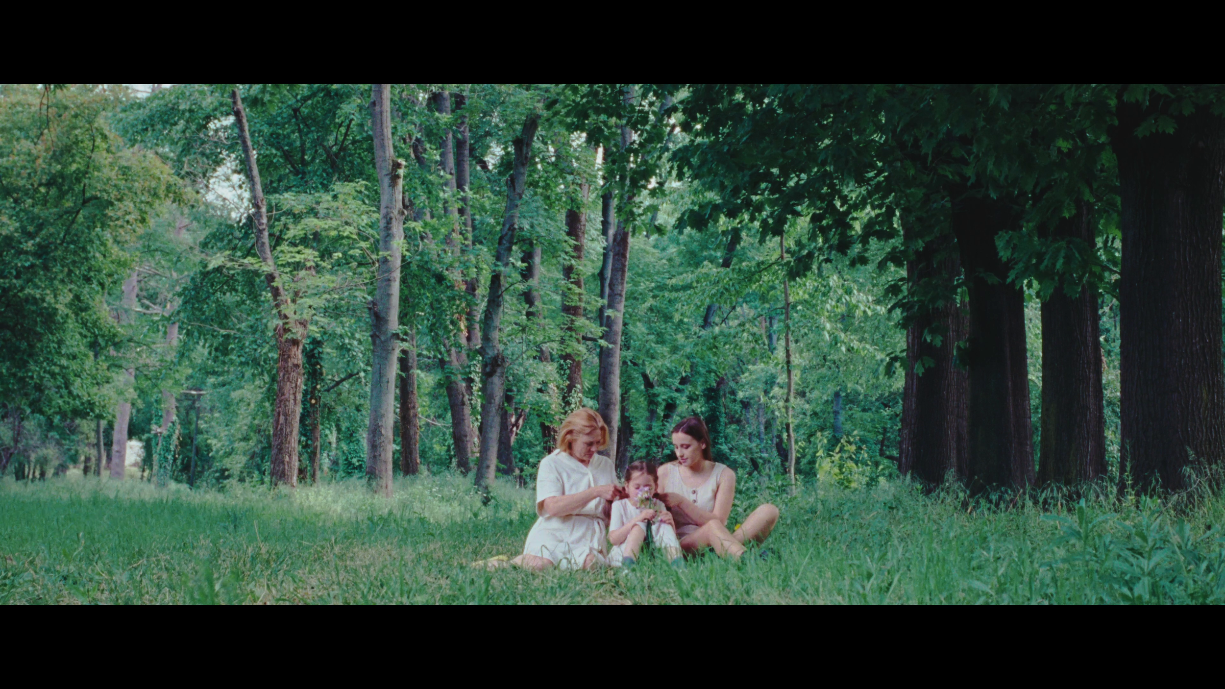 Three females, one young girl, and two women, sitting on grass in a wooded park with tall trees, enjoying a moment together.