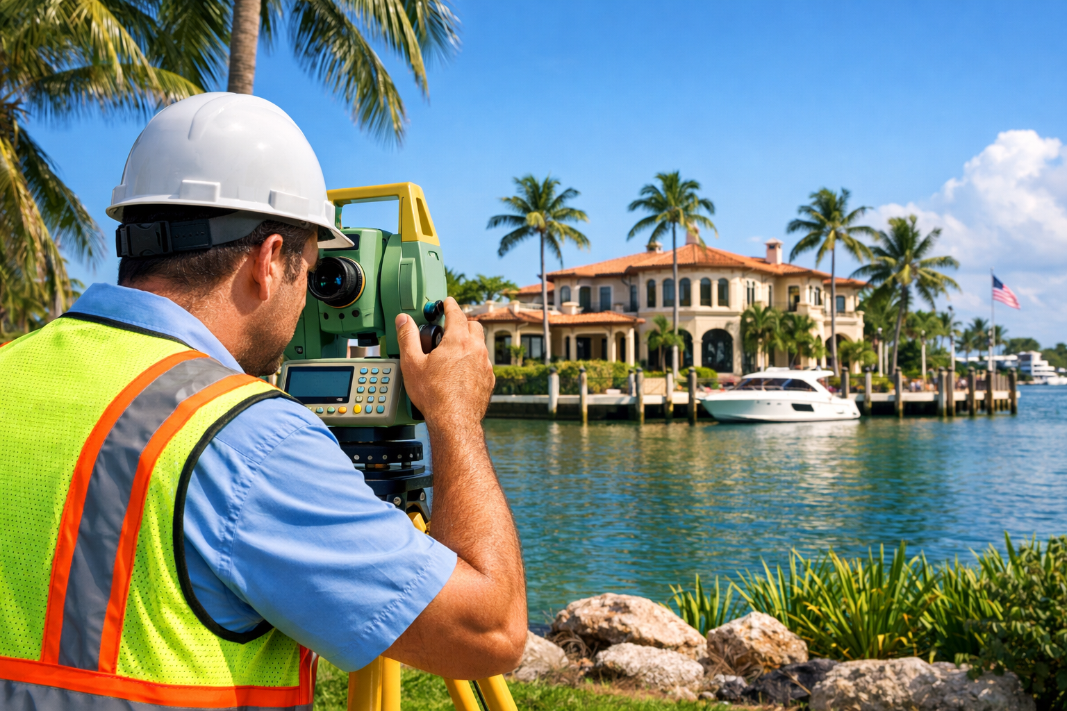 A surveyor using a theodolite on a riverside property with luxury houses and a boat dock, with palm trees and blue sky in the background.