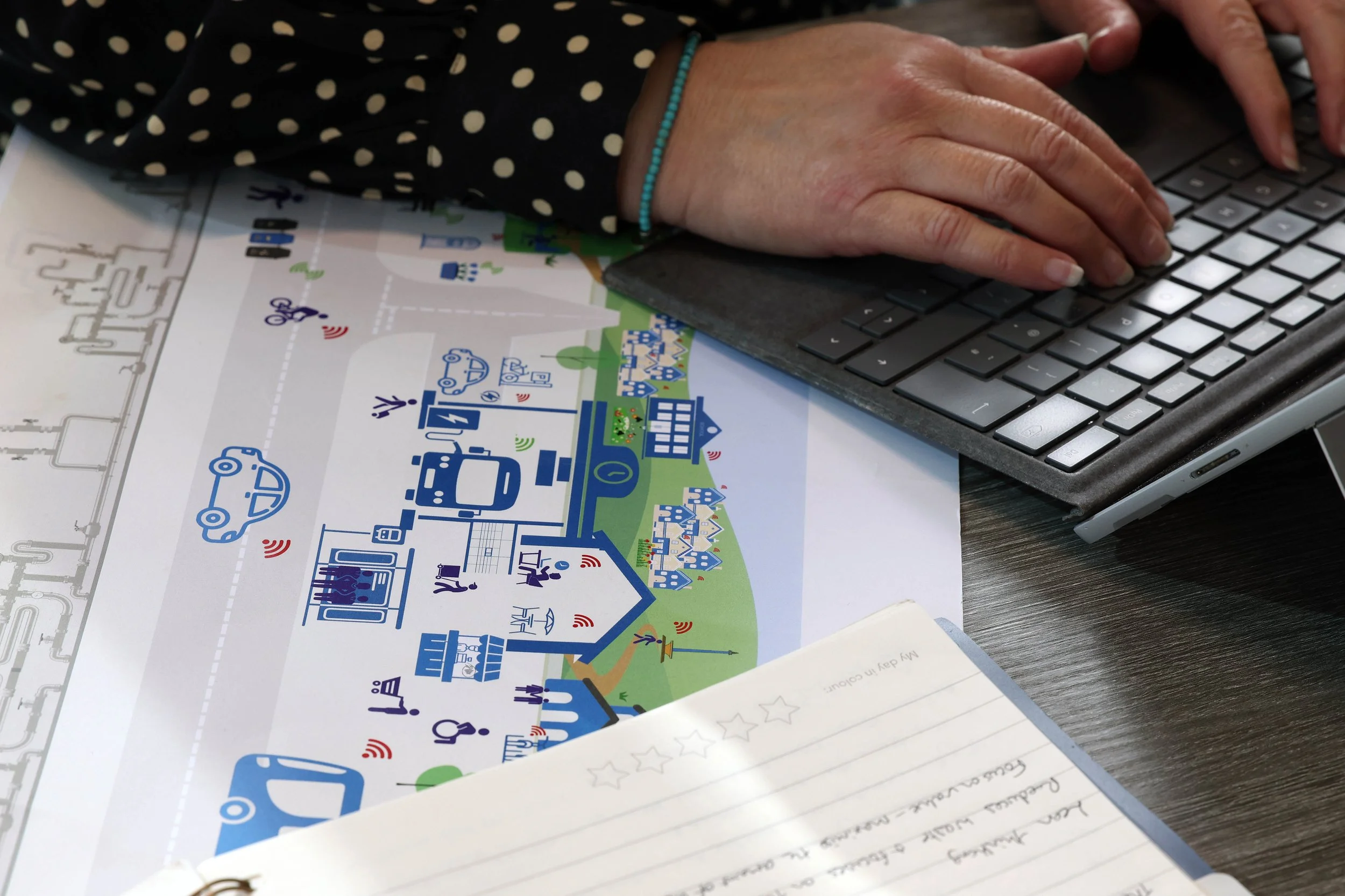 A person typing on a laptop keyboard with a colorful community map or diagram on paper underneath, and an open notebook with handwritten notes in the foreground.
