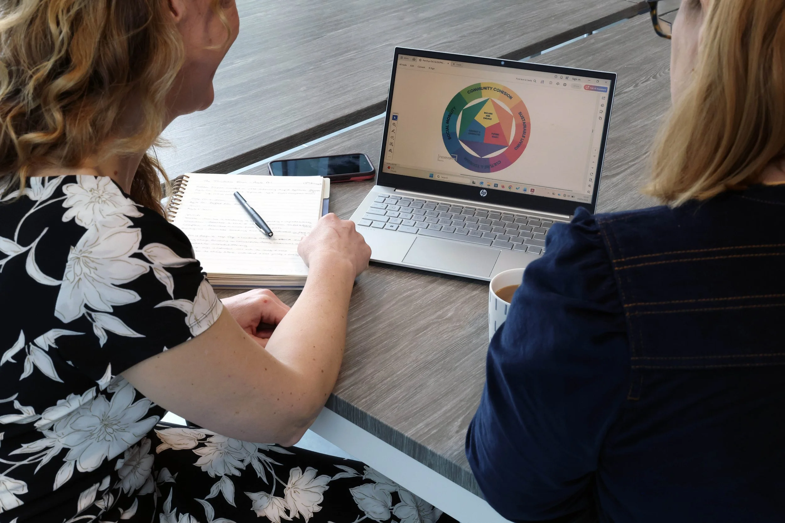 Two women sit at a table looking at a laptop screen displaying a colorful diagram titled 'Community Cohesion'. One woman has curly red hair and is writing in a notebook, while the other has blonde hair and is wearing glasses, holding a coffee cup.