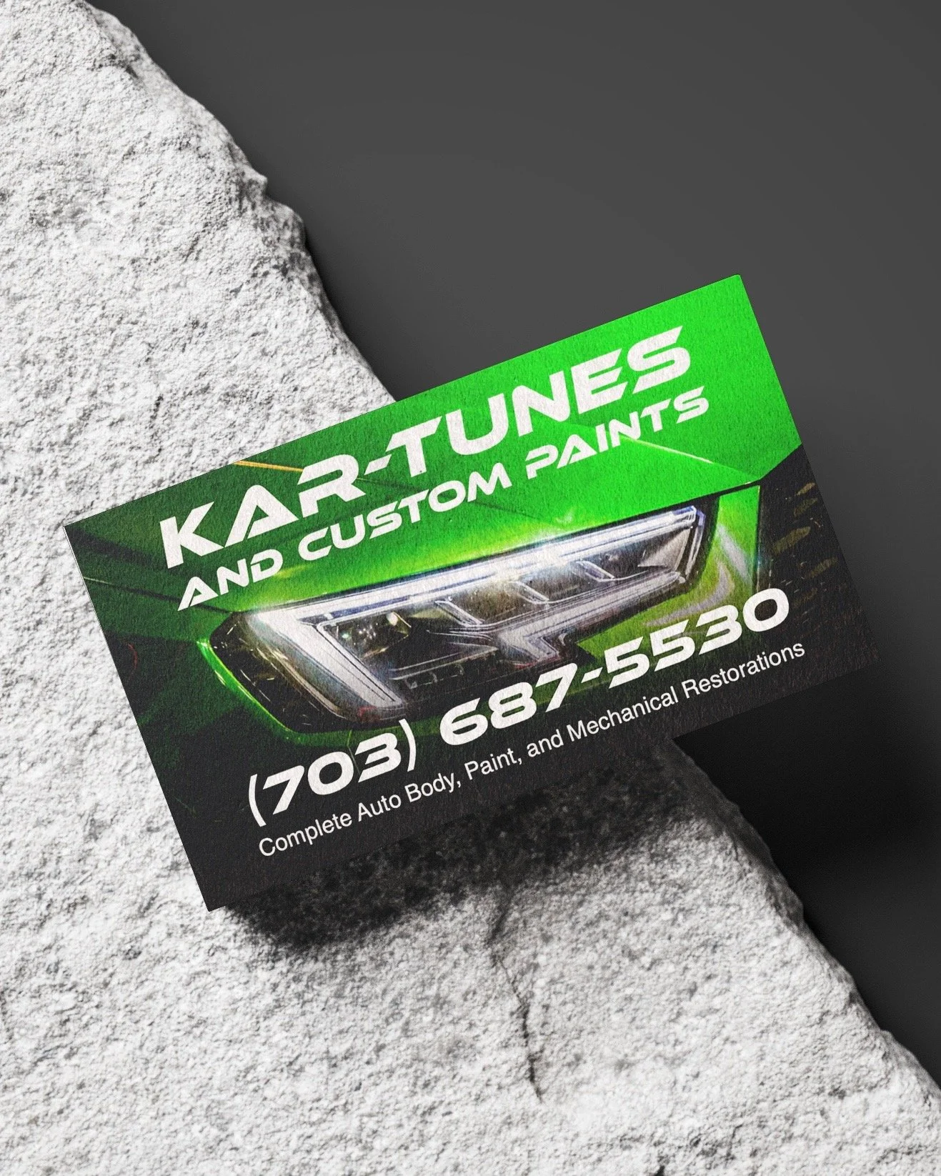 Business card for Kart-Tunes and Custom Paint with a green background, featuring a car headlight image and contact information.