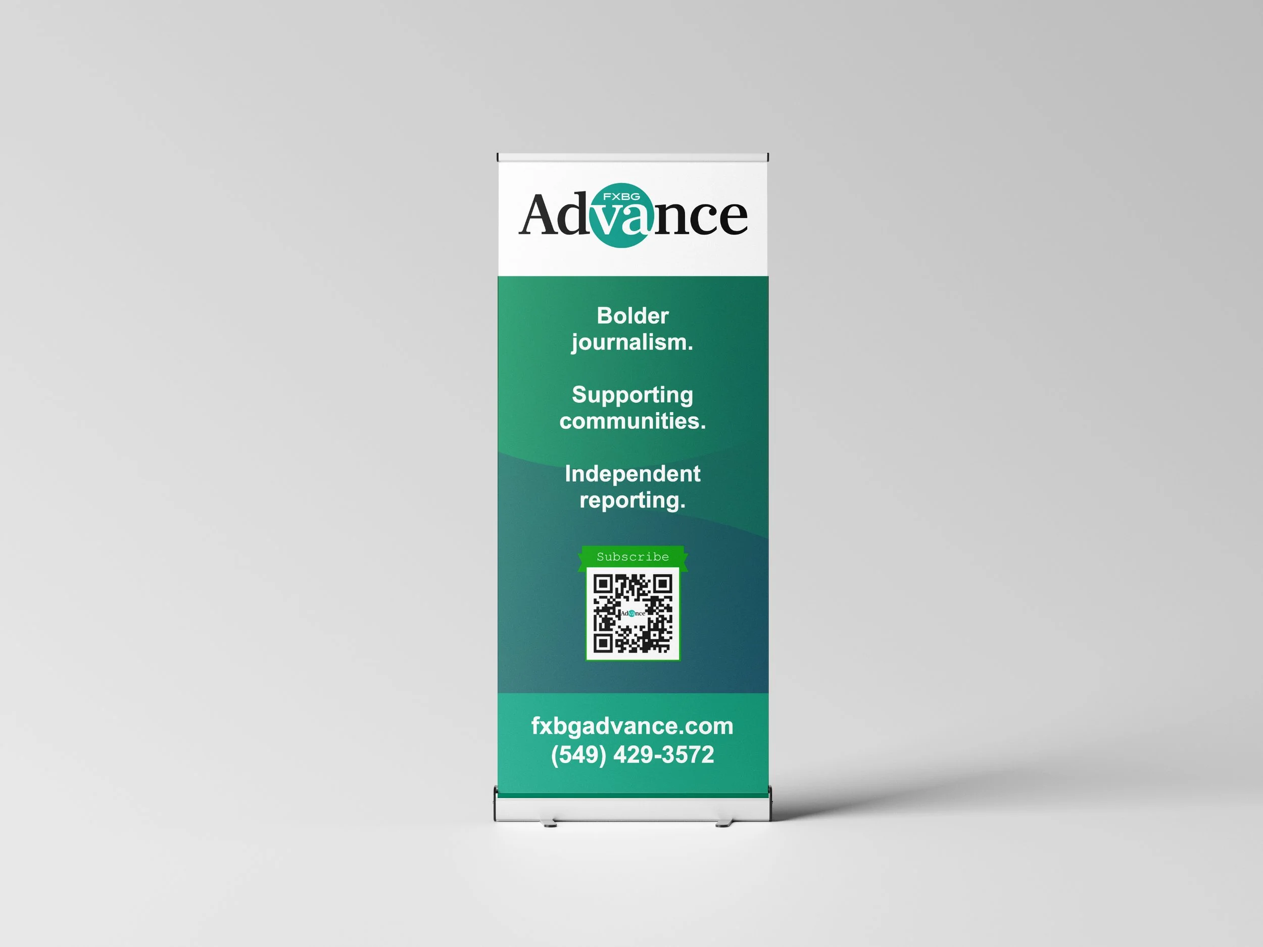 Vertical banner with the text 'Advance' at the top, followed by the phrases 'Bolder journalism,' 'Supporting communities,' and 'Independent reporting.' Below these texts is a QR code with a green subscribe button above it. At the bottom, the website 