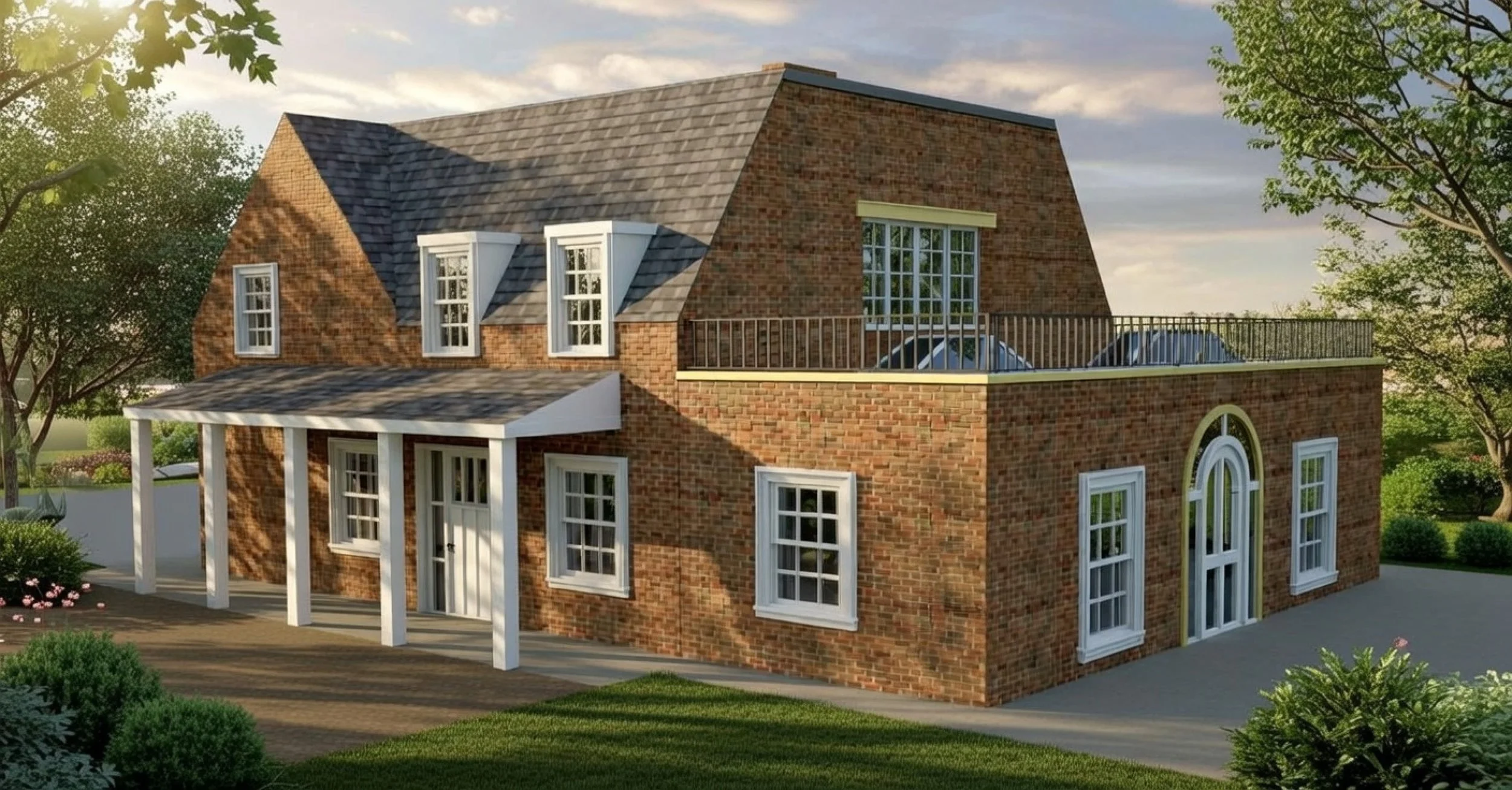 A two-story brick house with a covered porch, multiple white-framed windows, and a rooftop balcony with cars parked, surrounded by green trees and shrubs.