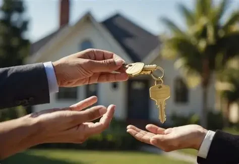 A person handing over keys to another person in front of a house.