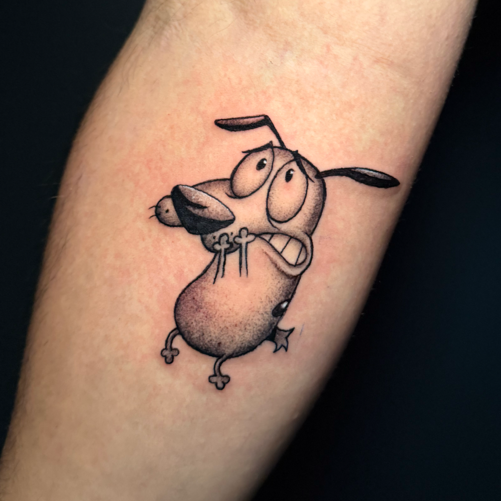 Tattoo of animated cartoon Courage the Cowardly Dog.