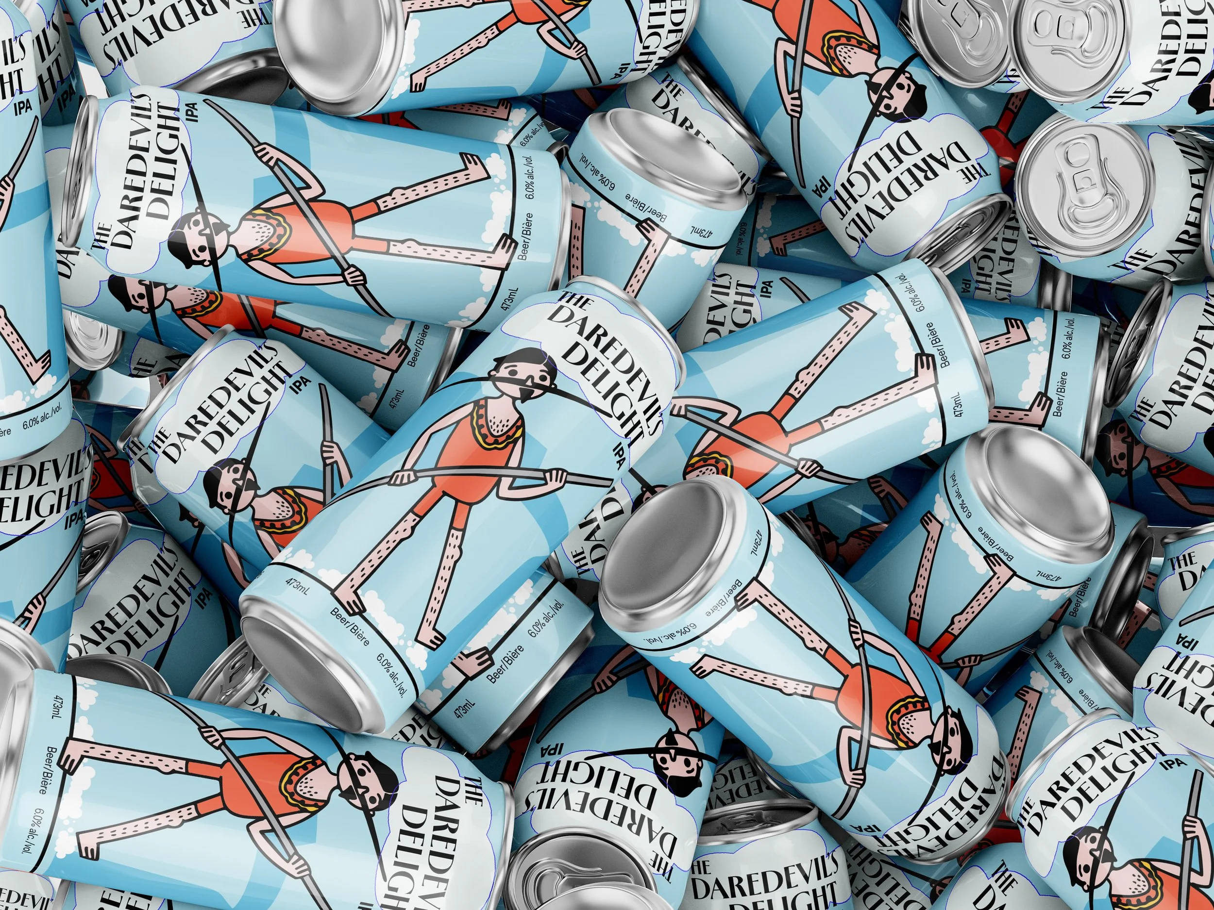 Overhead view of multiple "The Daredevil's Delight IPA" cans scattered at various angles, showing the illustrated tightrope walker character against blue striped backgrounds and metallic silver can tops.