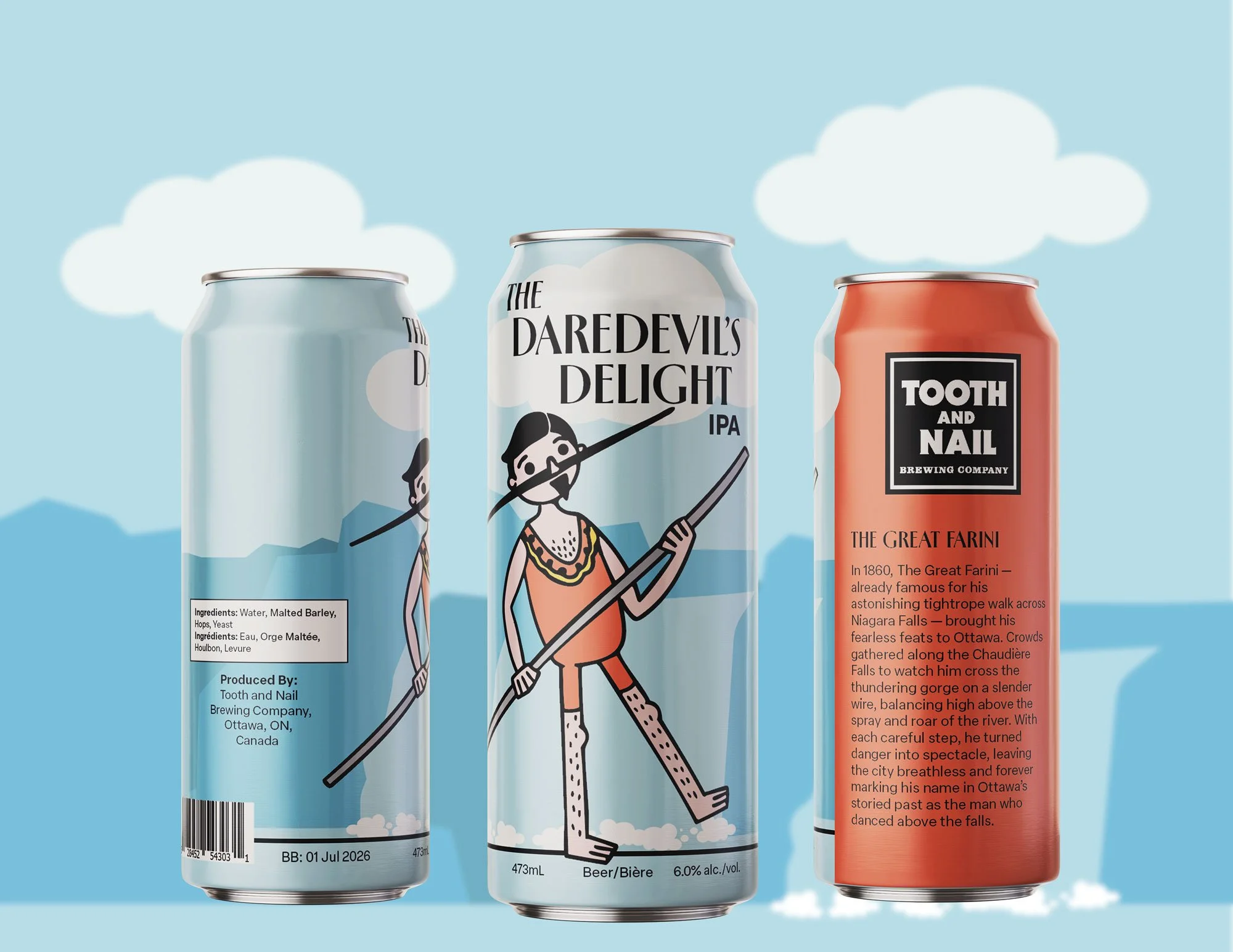 Three craft beer cans displayed against a light blue background with white clouds and silhouetted hills. The center can features "The Daredevil's Delight IPA" with an illustration of a tightrope walker in an orange outfit balancing on a rope. The lef