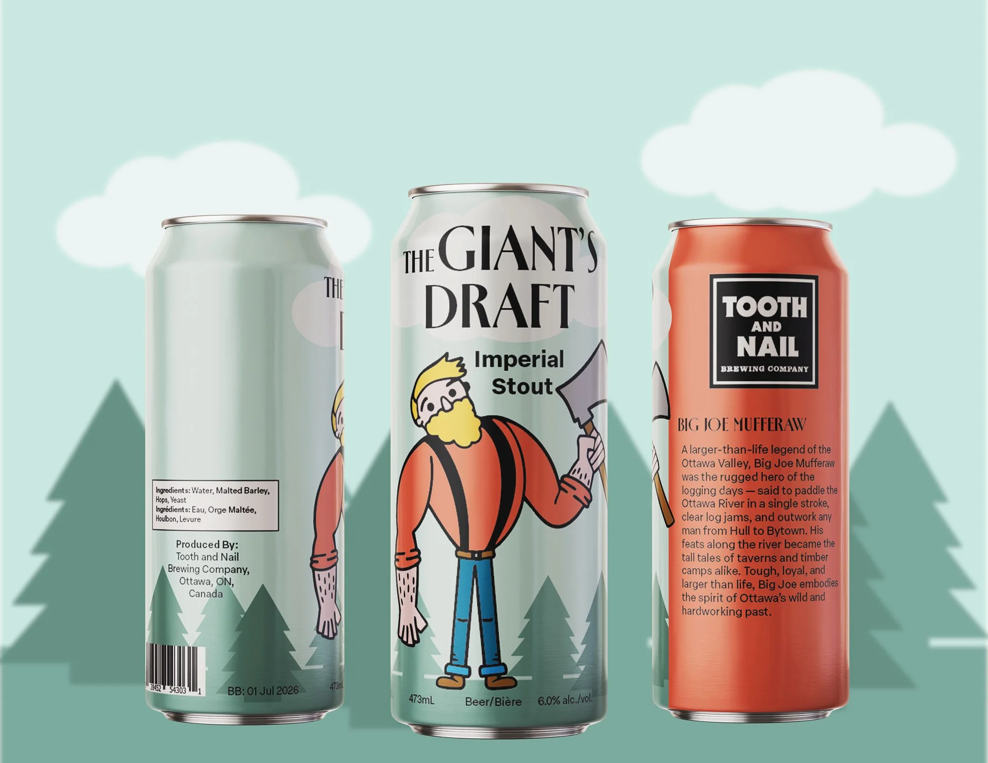 Three beer cans displayed against a stylized background of mint green sky with white clouds and silhouetted pine trees. The center can shows "The Giant's Draft Imperial Stout" featuring an illustration of a bearded lumberjack character in an orange p