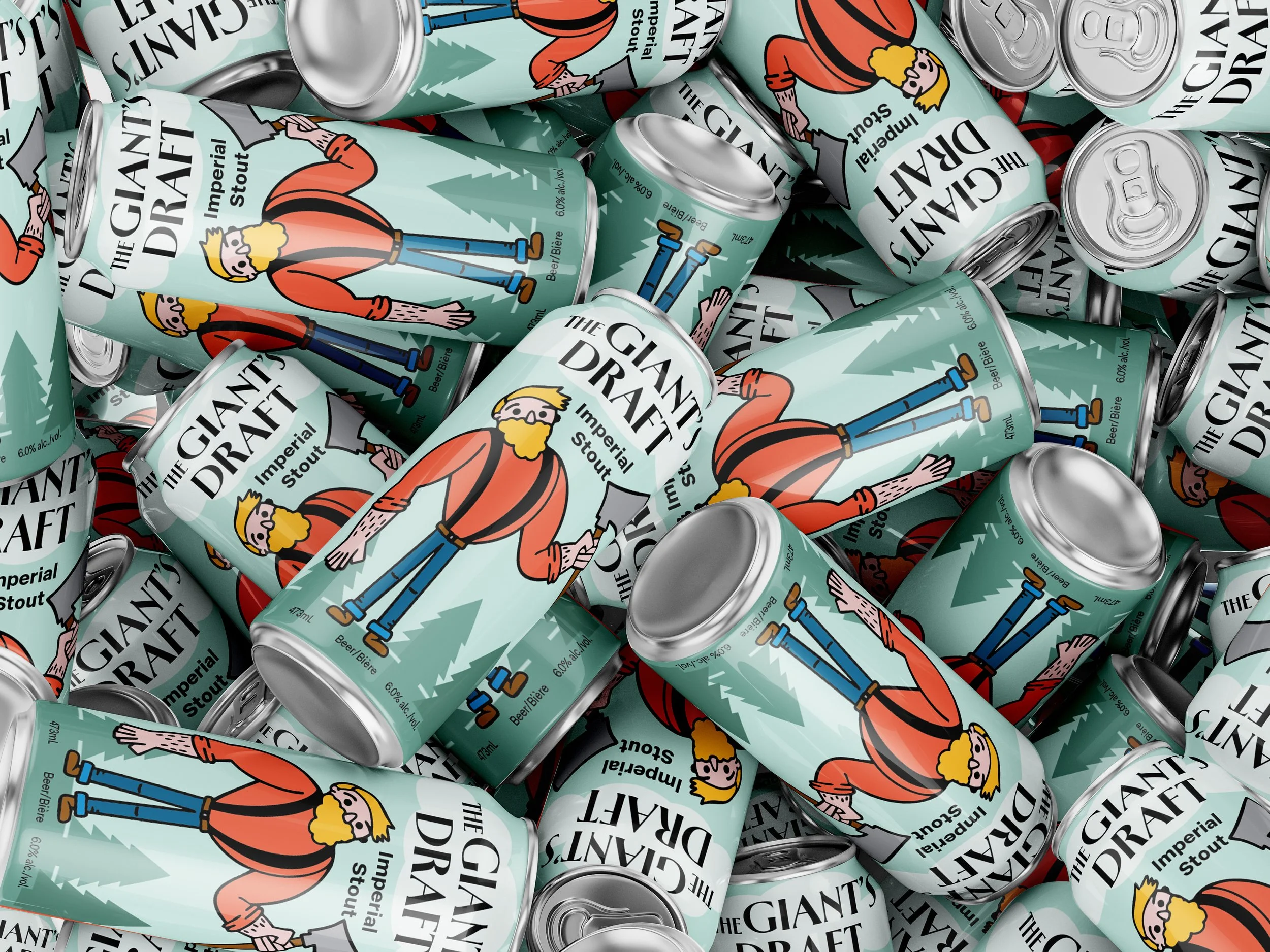 Overhead view of multiple "The Giant's Draft Imperial Stout" beer cans scattered at various angles, showing both the illustrated lumberjack character design and metallic can tops against the mint green background with pine tree silhouettes.