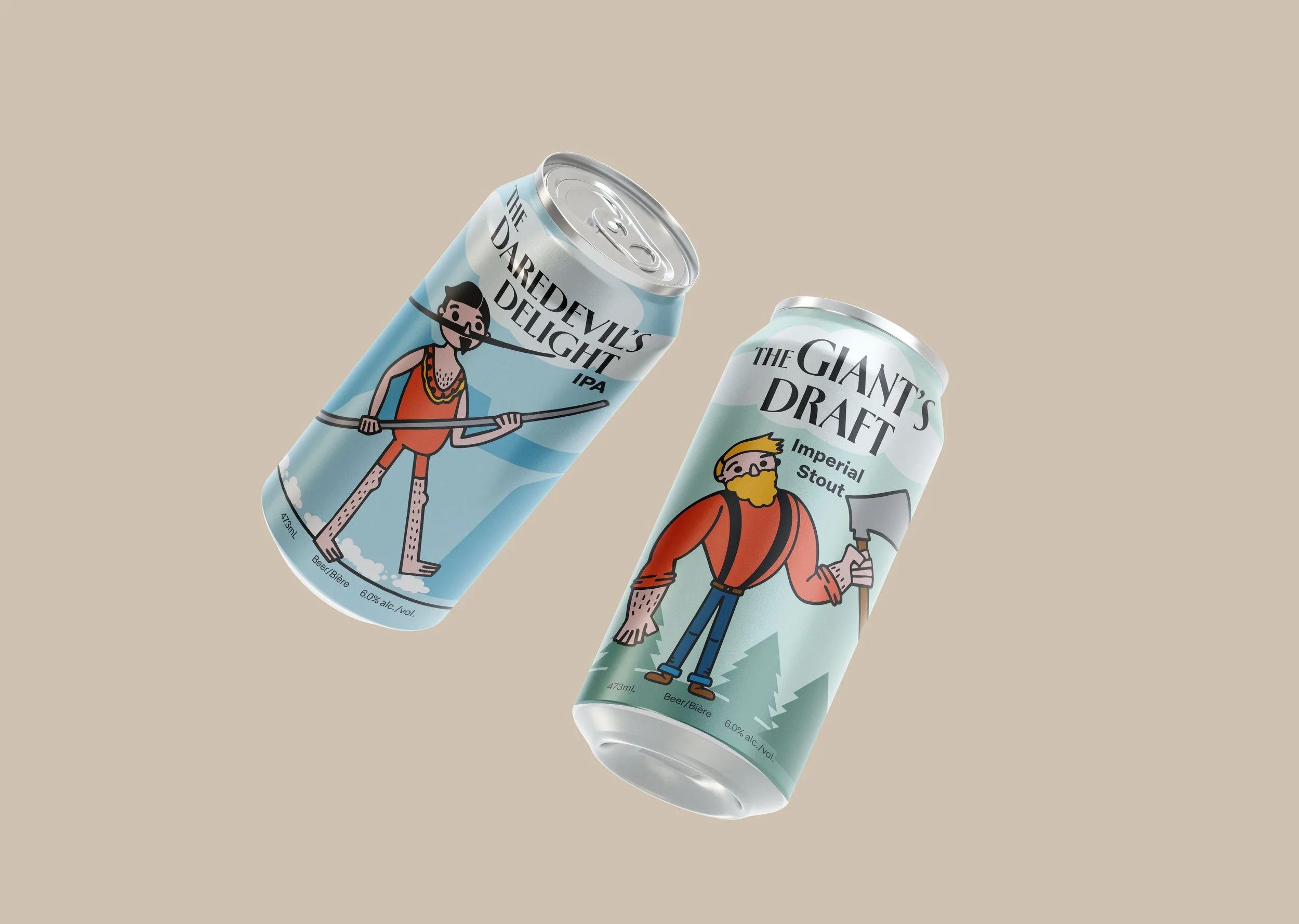 Two beer cans floating at dynamic angles against a beige background. Left can shows "The Daredevil's Delight IPA" with the tightrope walker illustration. Right can displays "The Giant's Draft Imperial Stout" featuring a bearded lumberjack character i