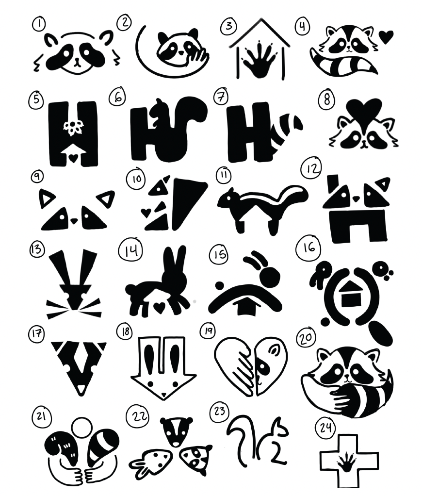 Sheet of 24 numbered black and white icon concepts featuring raccoons, wildlife, houses, hearts, and rescue-themed symbols.