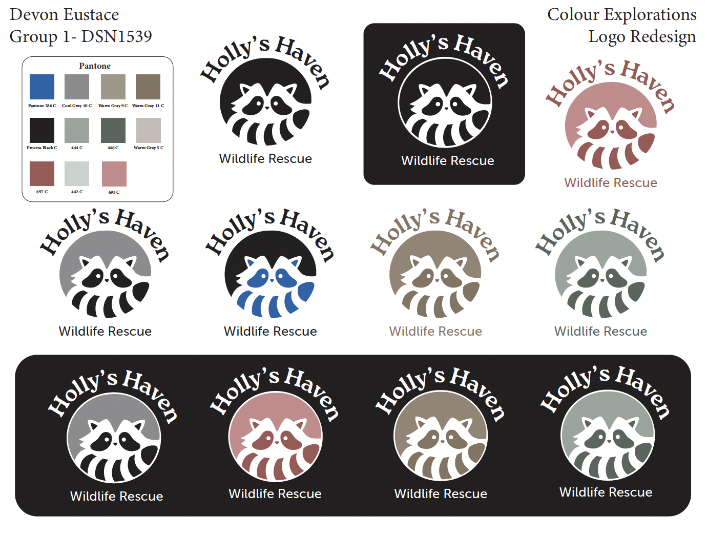 Color exploration sheet showing Holly's Haven raccoon logo in multiple color variations with Pantone palette reference.