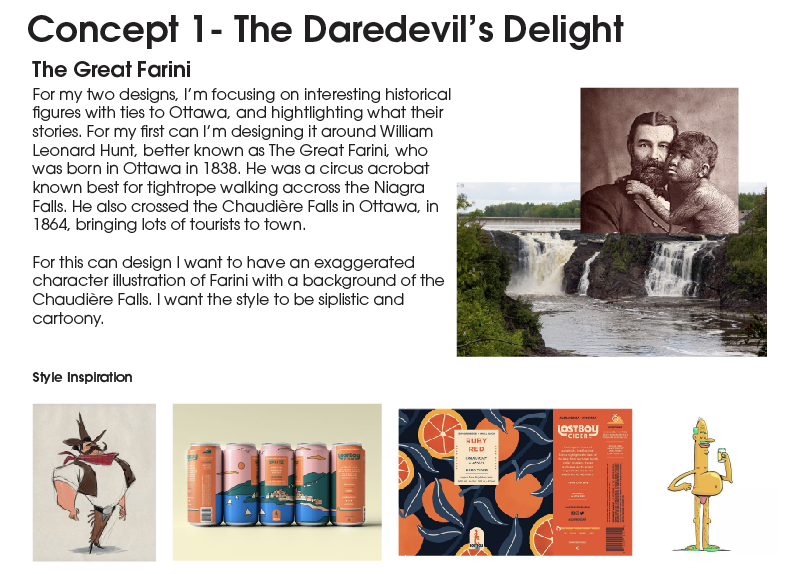A concept moodboard for The Daredevil's Delight with text describing the concept, descriptions and inspiration images.