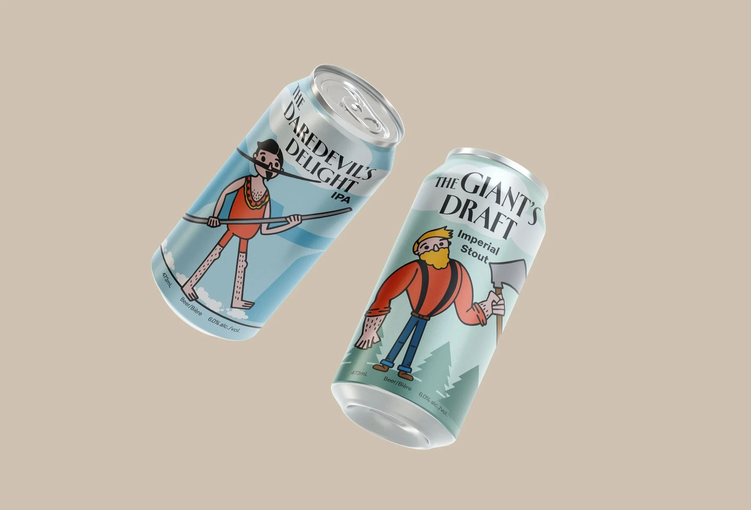 Two floating craft beer cans tilted at angles: "The Daredevil's Delight IPA" with tightrope walker illustration and "The Giant's Draft Imperial Stout" with lumberjack character, on beige background.