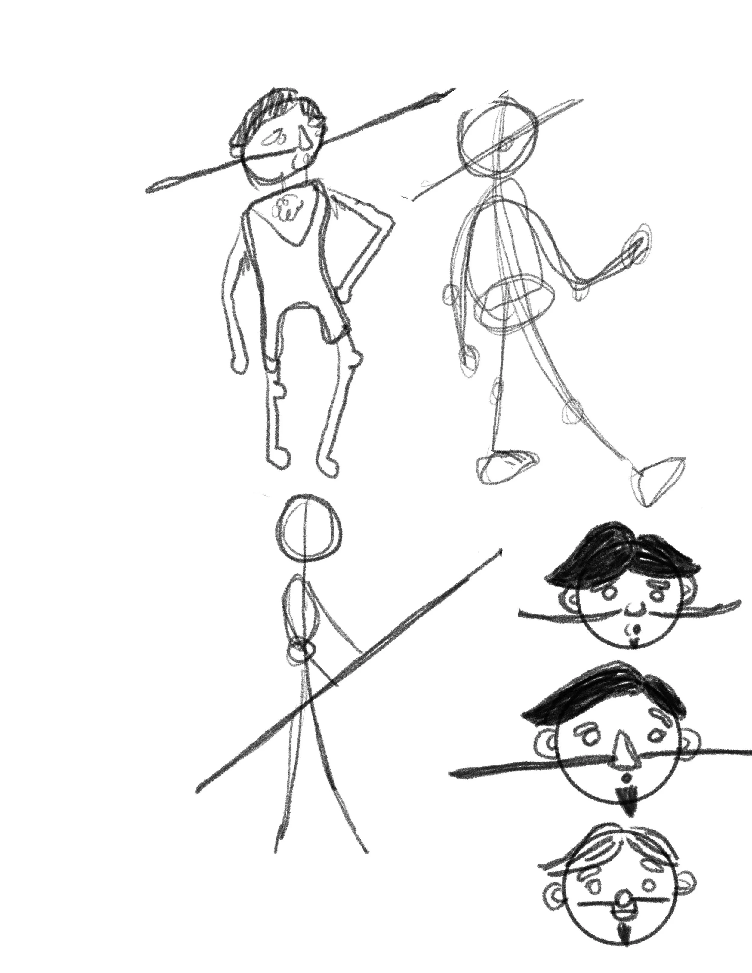 Character exploration sketches exploring facial features and expressions and character poses and body proportions.