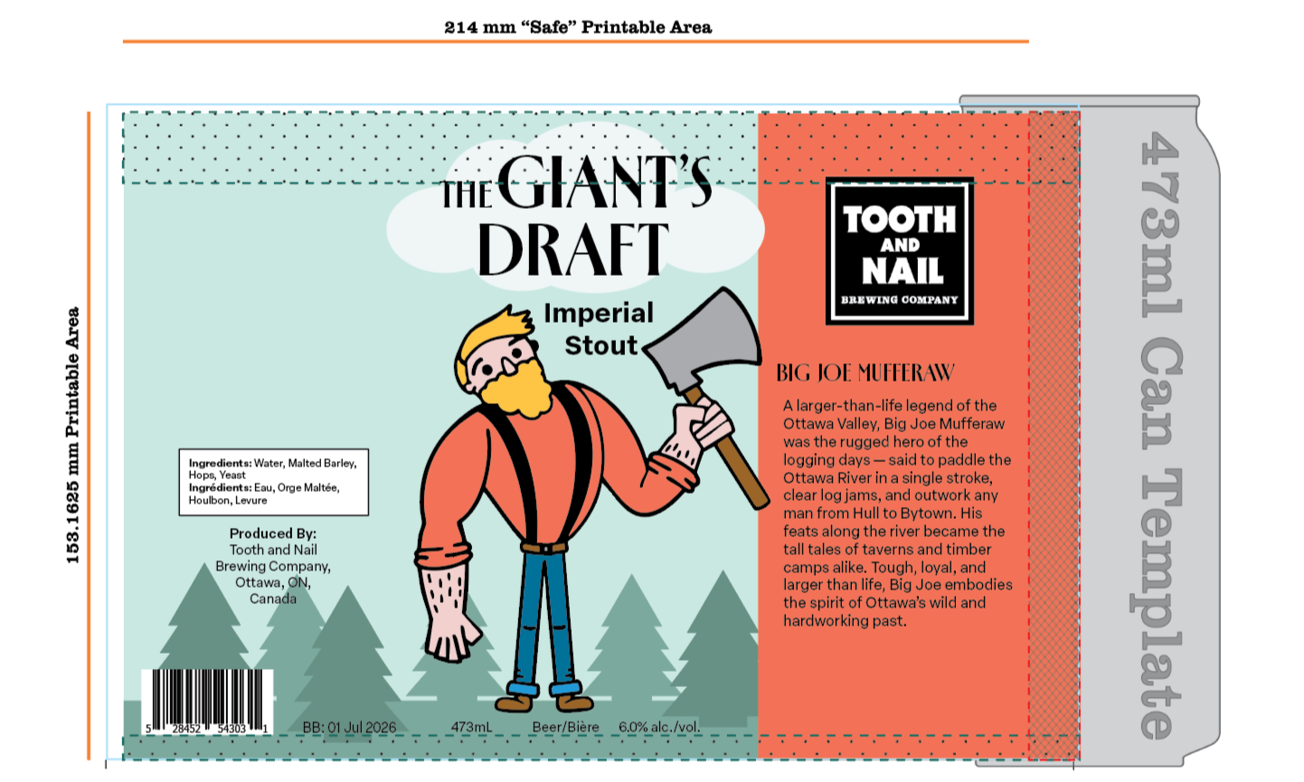 A dieline for a beer can label with a design for The Giant's Draft inside.