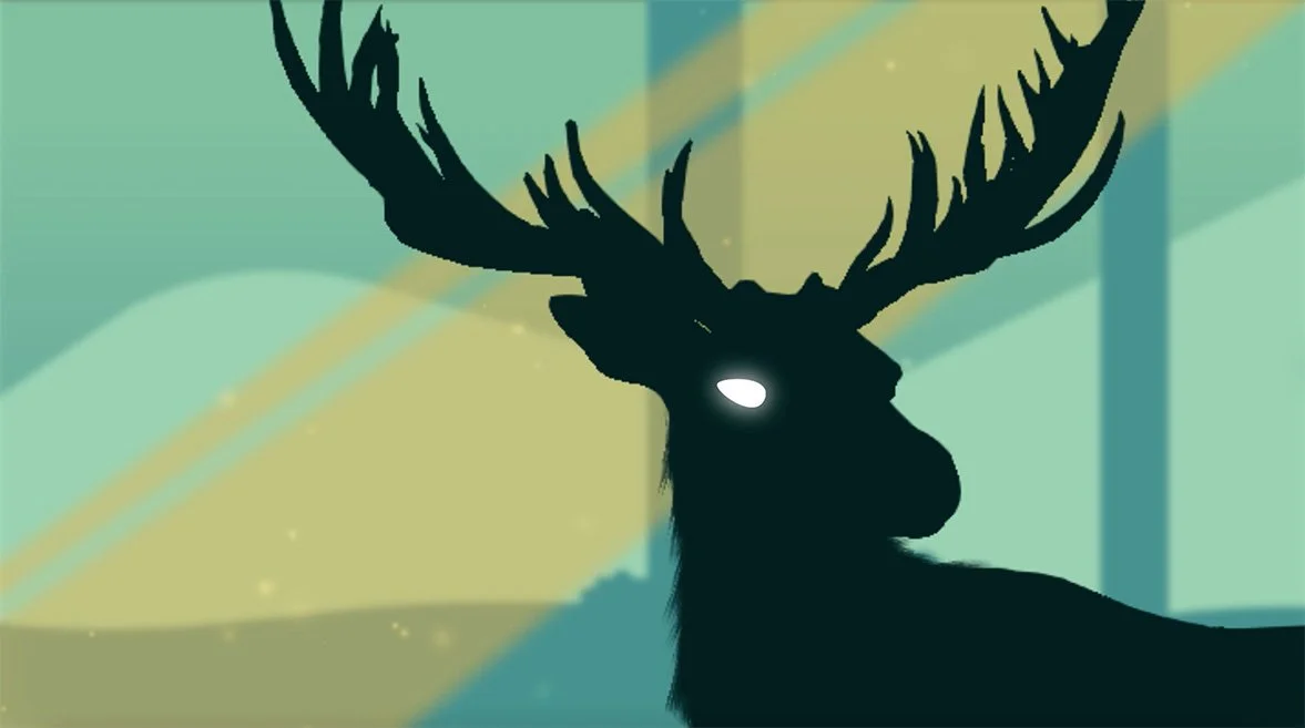 Still frame from the animation showing the reveal of white glowing eyes on the deer.