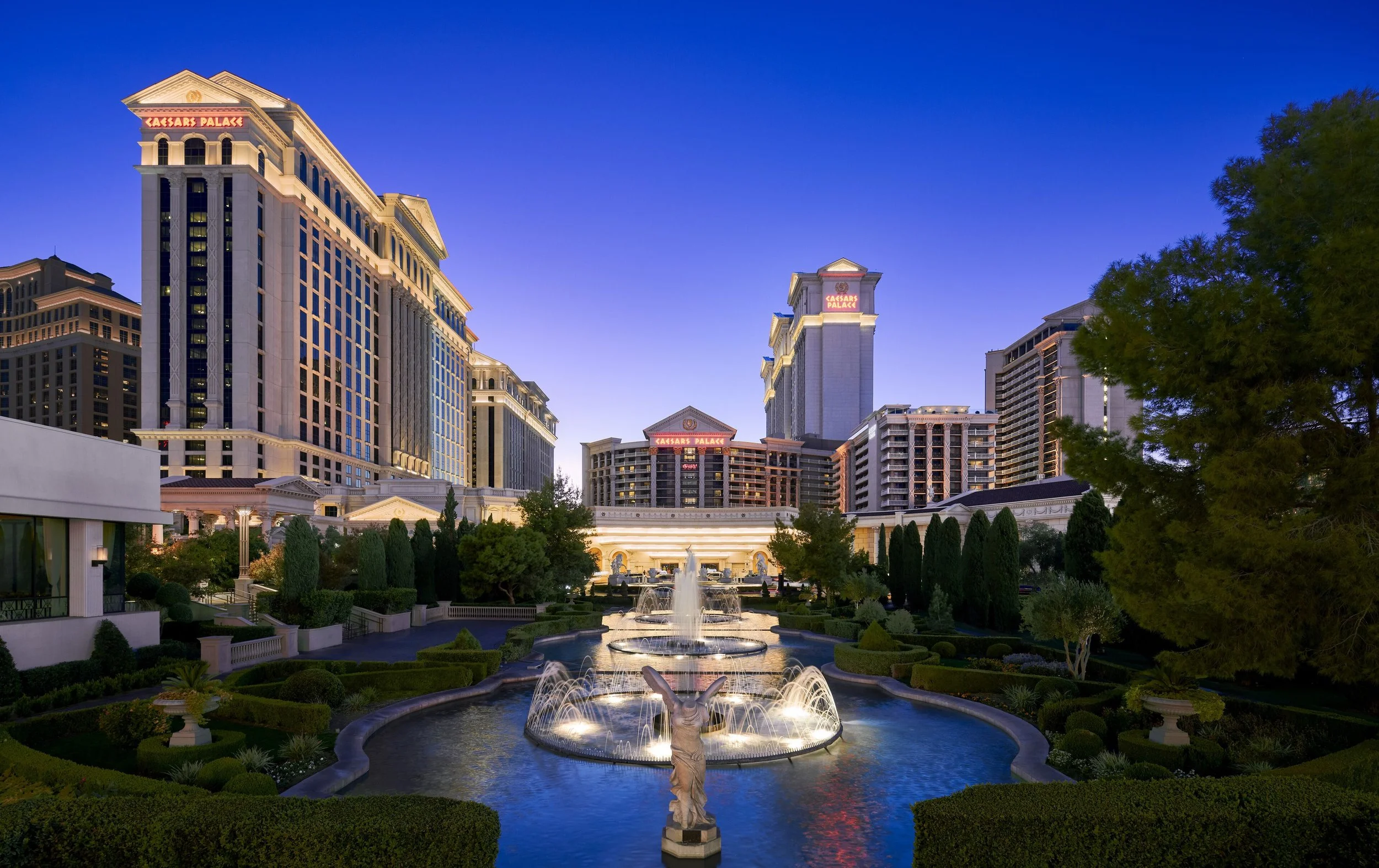 Night view of Caesars Palace hotel and casino in Las Vegas with fountains and lush landscaping in the foreground.
