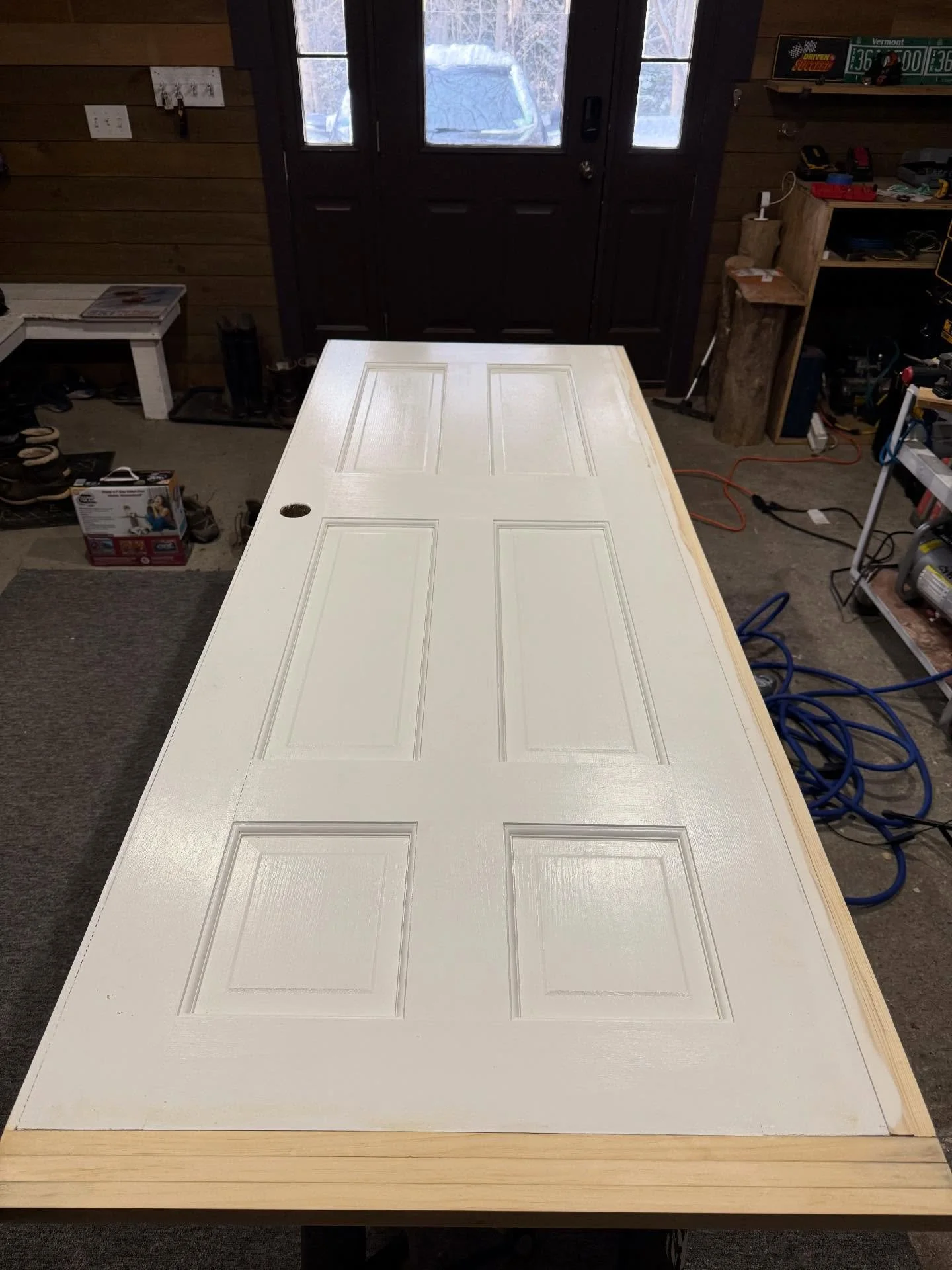 Door prepped for install. Sanded, scabbed multiple pieces to fit jams. Wood filled, glued, and another few coats of paint. 3 Coats total. 

Can you even tell? 
-
-
-
#carpentry #paint #remodel #diy #woodworking