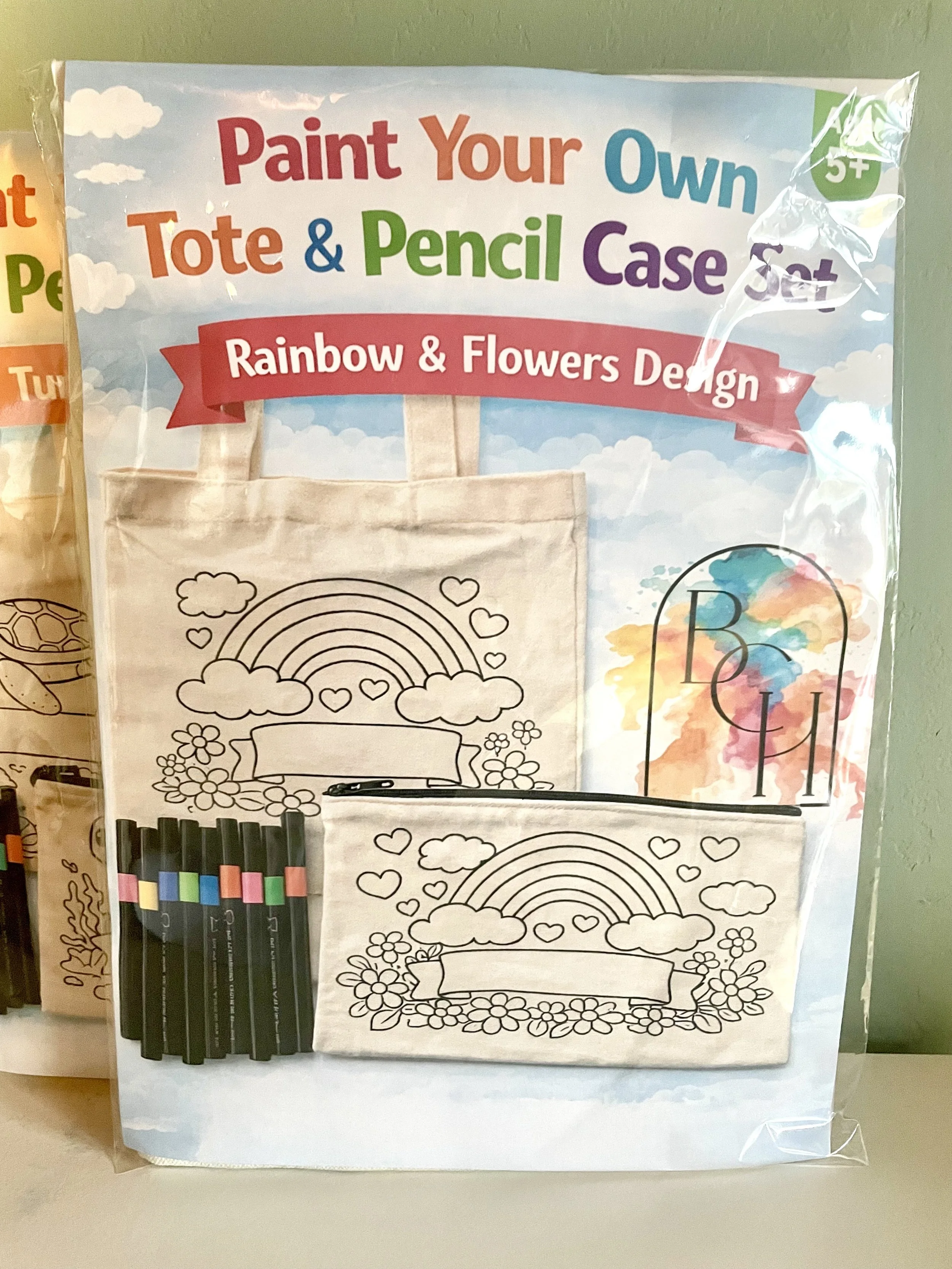 Paint Your Own Tote & Pencil Case Set – Rainbow & Flowers Design