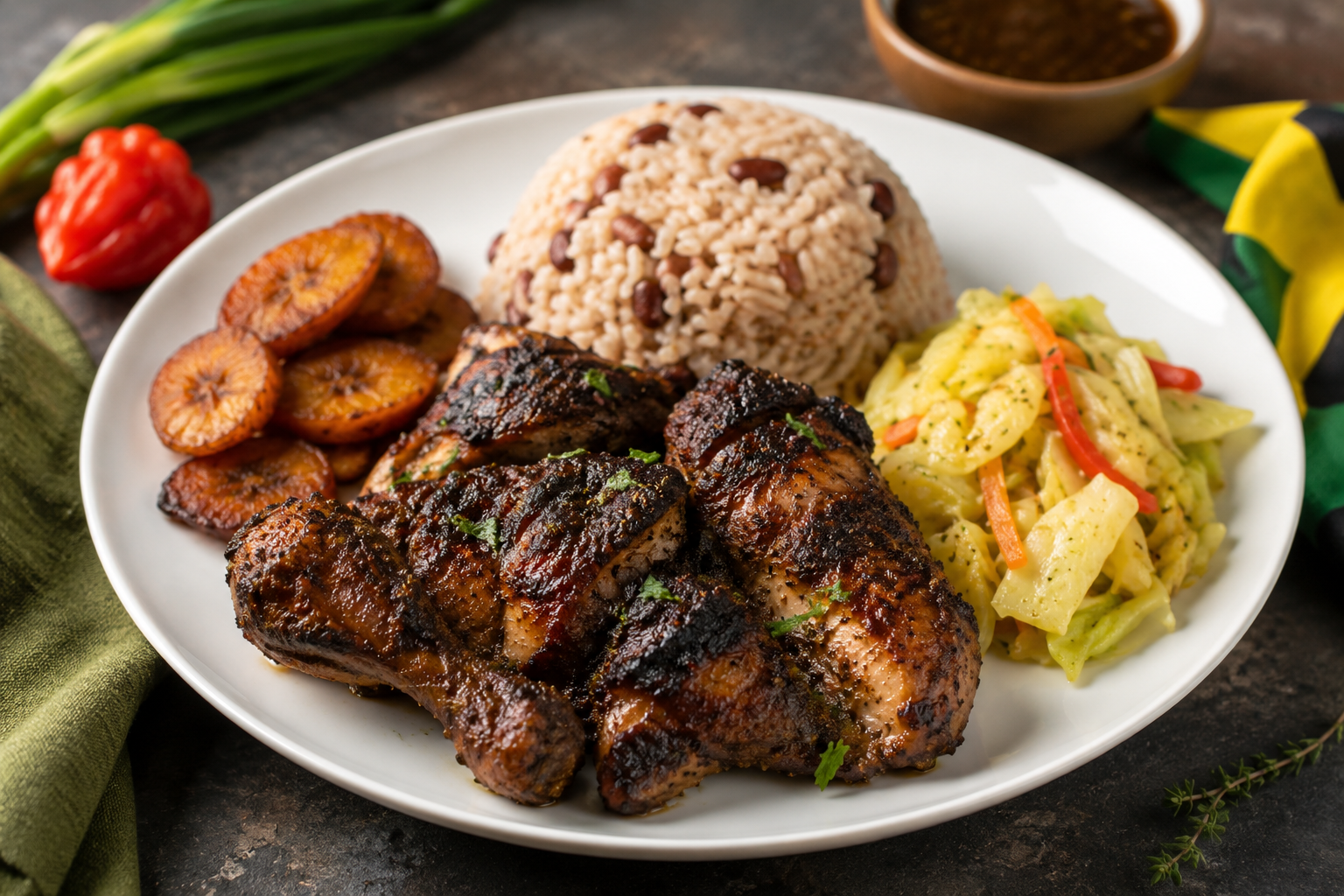 jerk chicken dinner with rice and peas and plantains.
