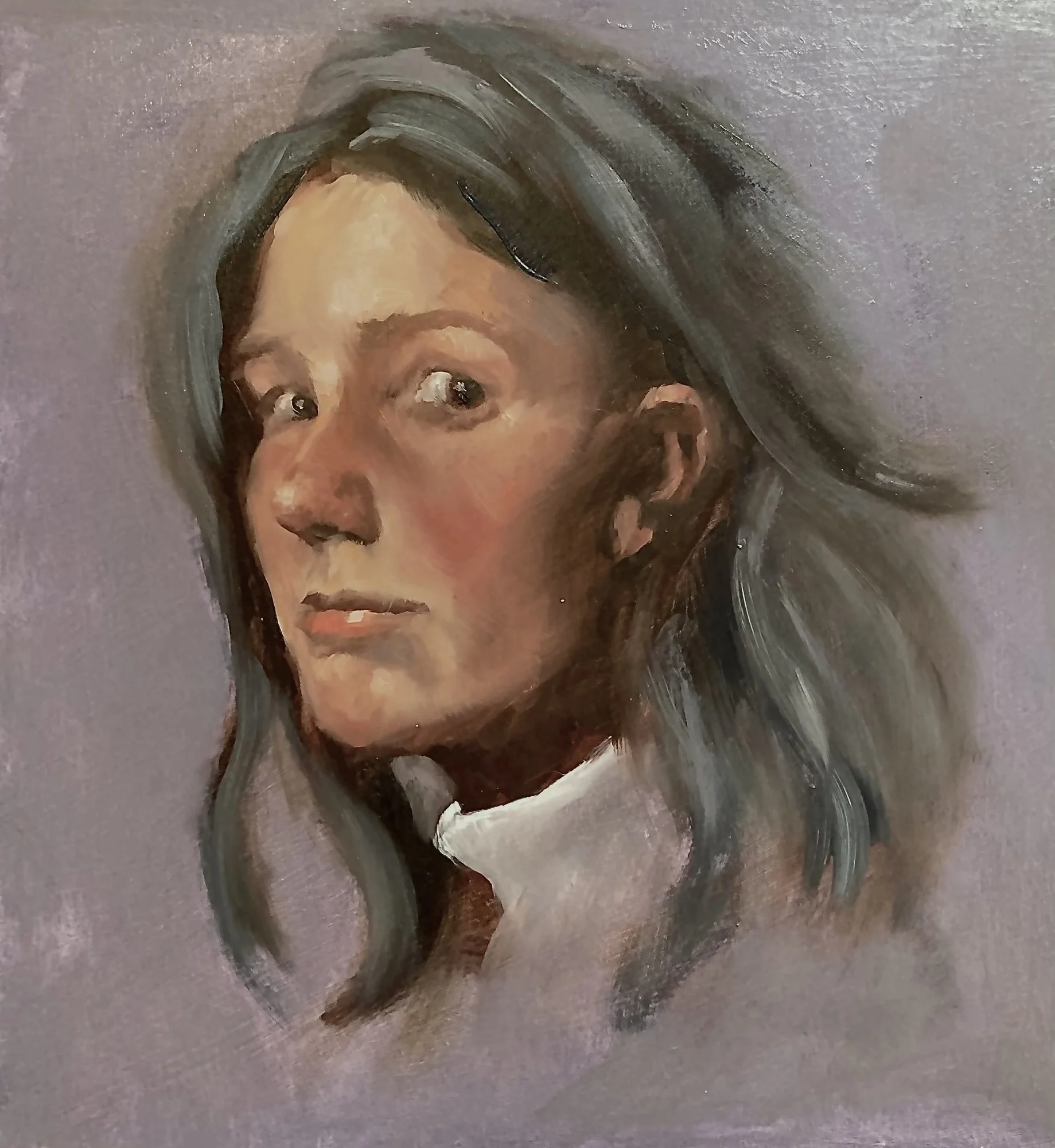 A painted portrait of an elderly man with blue eyes, gray hair, wearing a dark jacket over a purple shirt, against a neutral background. Simon Broom