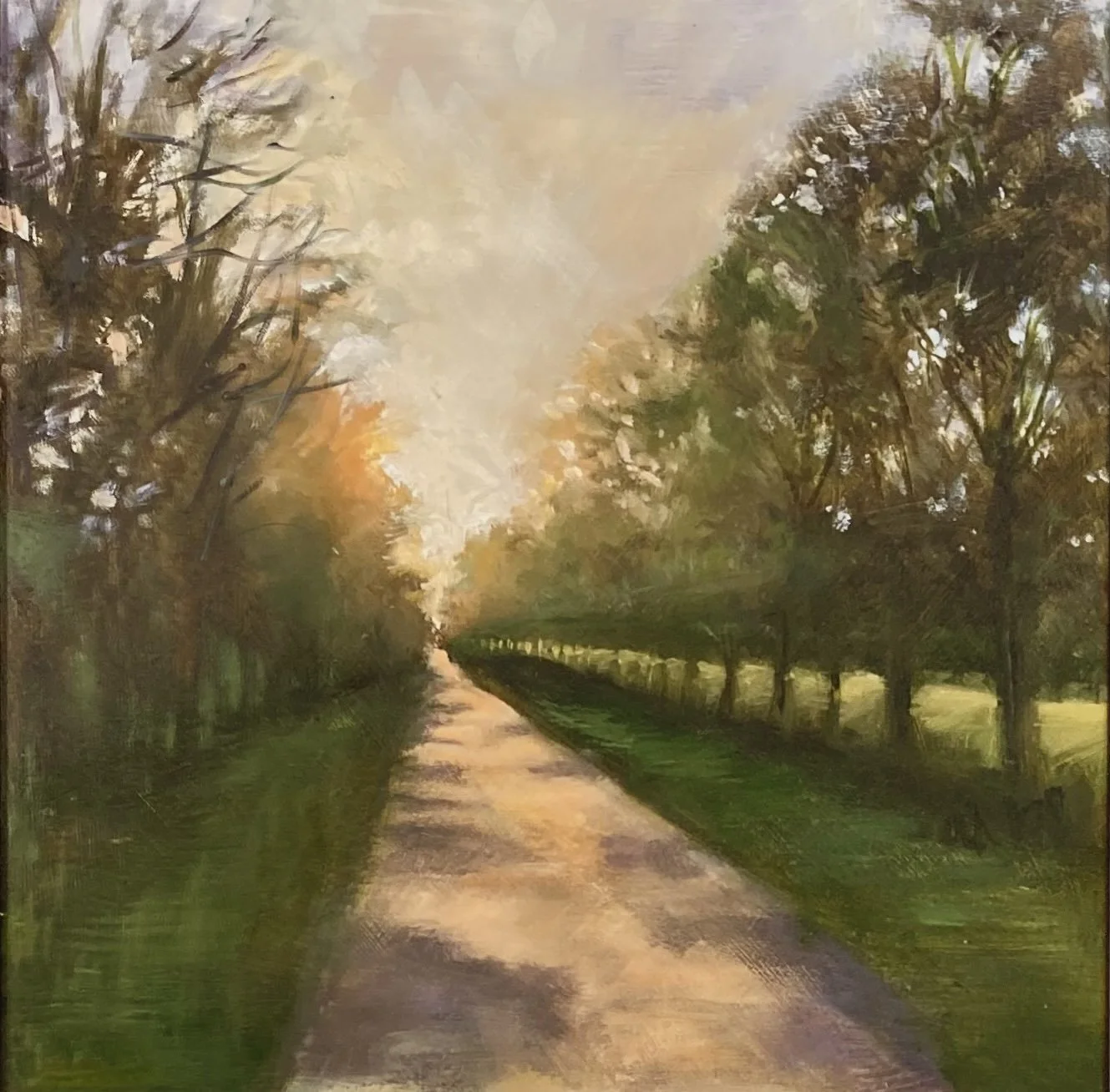 A painting of a landscape with cloudy sky, green grass, and trees, possibly a park or golf course. Simon Broom