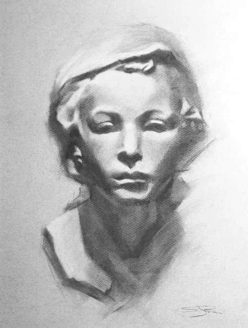A black and white sketch of a woman with closed eyes and wavy hair. Simon Broom