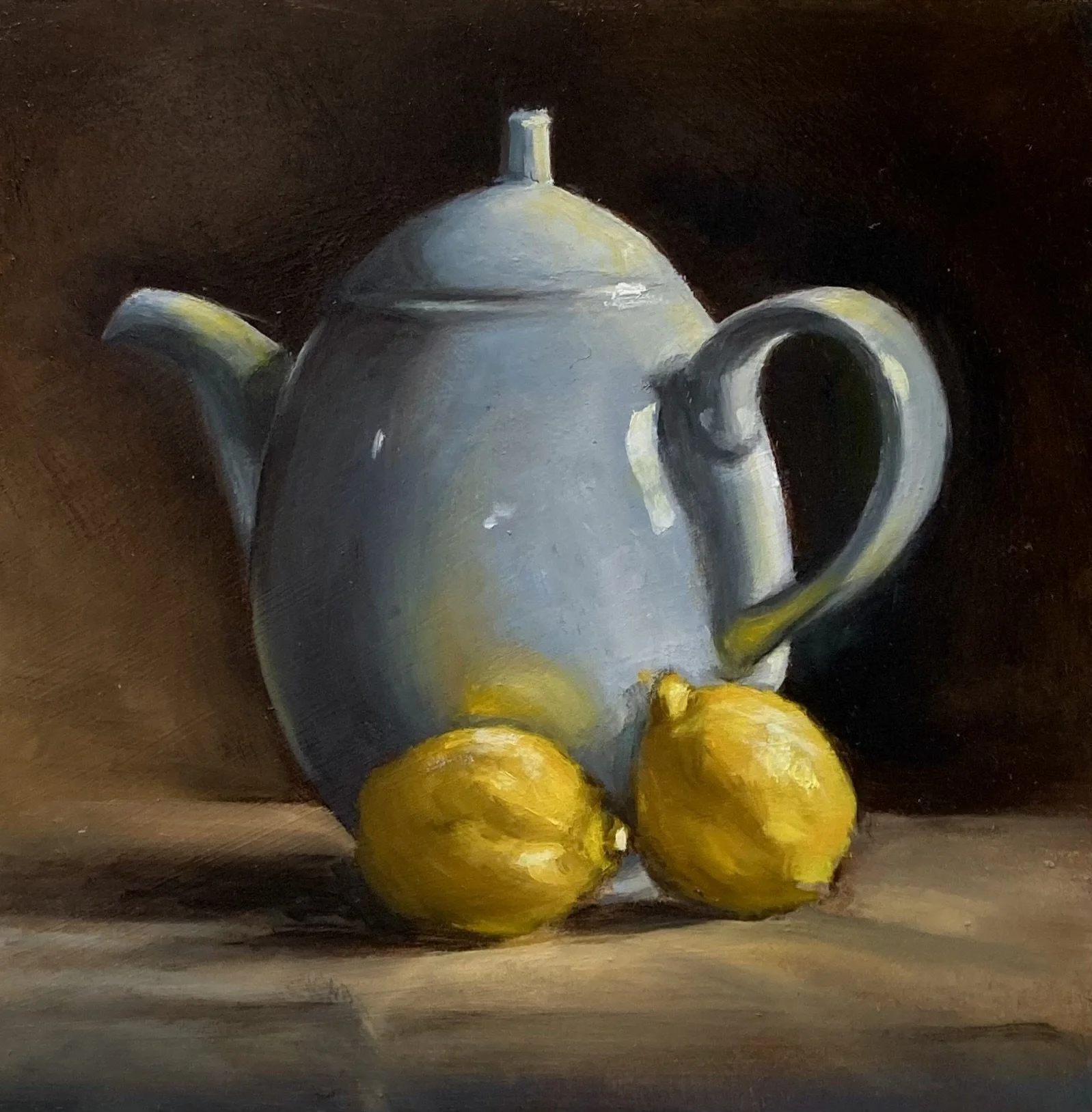 A still life painting featuring a dark ceramic pitcher with a handle, a light-colored ceramic mug, and several red berries scattered on a cloth background. Simon Broom