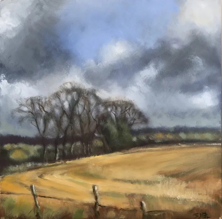 A landscape painting of open fields with a line of leafless trees in the background and a cloudy sky overhead.