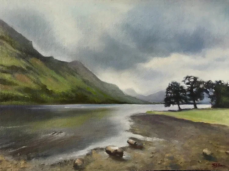 A landscape painting of a river valley with green hills, trees on the right bank, and a cloudy sky.