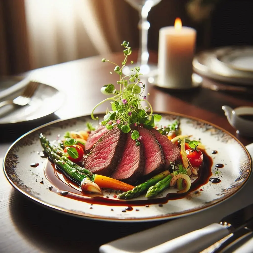 A plate of medium-rare sliced steak garnished with microgreens, surrounded by roasted vegetables including asparagus, cherry tomatoes, and carrots, with a dark sauce drizzle. In the background, a lit candle and a set table are visible.