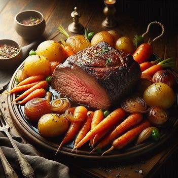 A cooked beef roast surrounded by carrots, potatoes, and onions on a wooden platter with seasonings and salt and pepper shakers nearby.