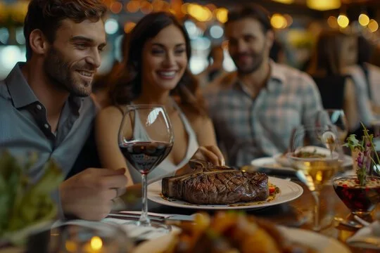 A group of friends enjoying dinner at a restaurant with a large steak and glasses of wine on the table.