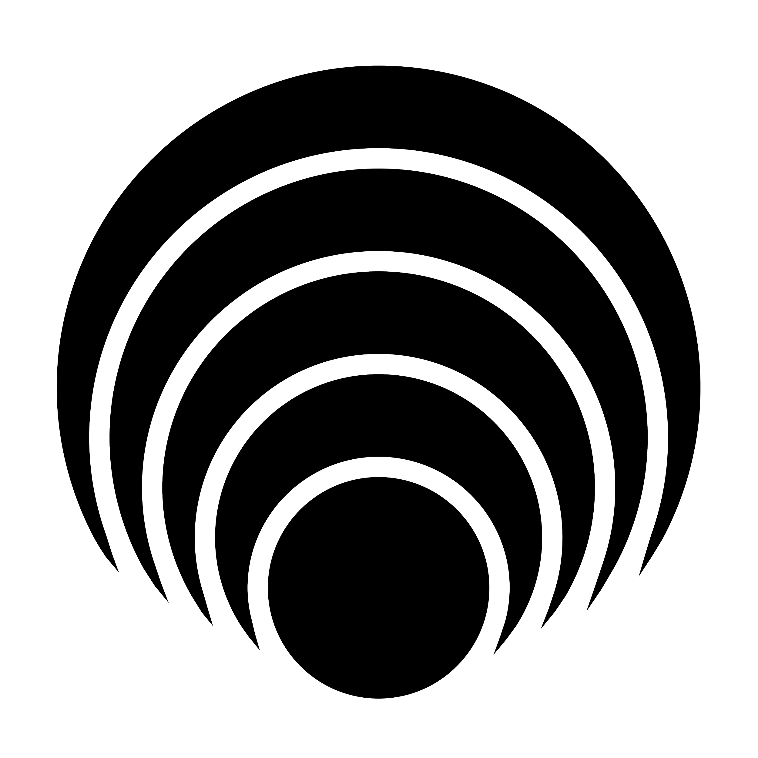 Line art of a semicircle with concentric arcs inside it, all in white on a black background.