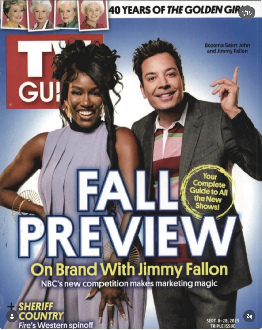 Magazine cover featuring two hosts, a woman with dark, styled hair and a man with dark hair, smiling and posing together. The text highlights fall TV previews, NBC competition, and a sheriff's story. The cover marks 40 years of 'The Golden Girls.'