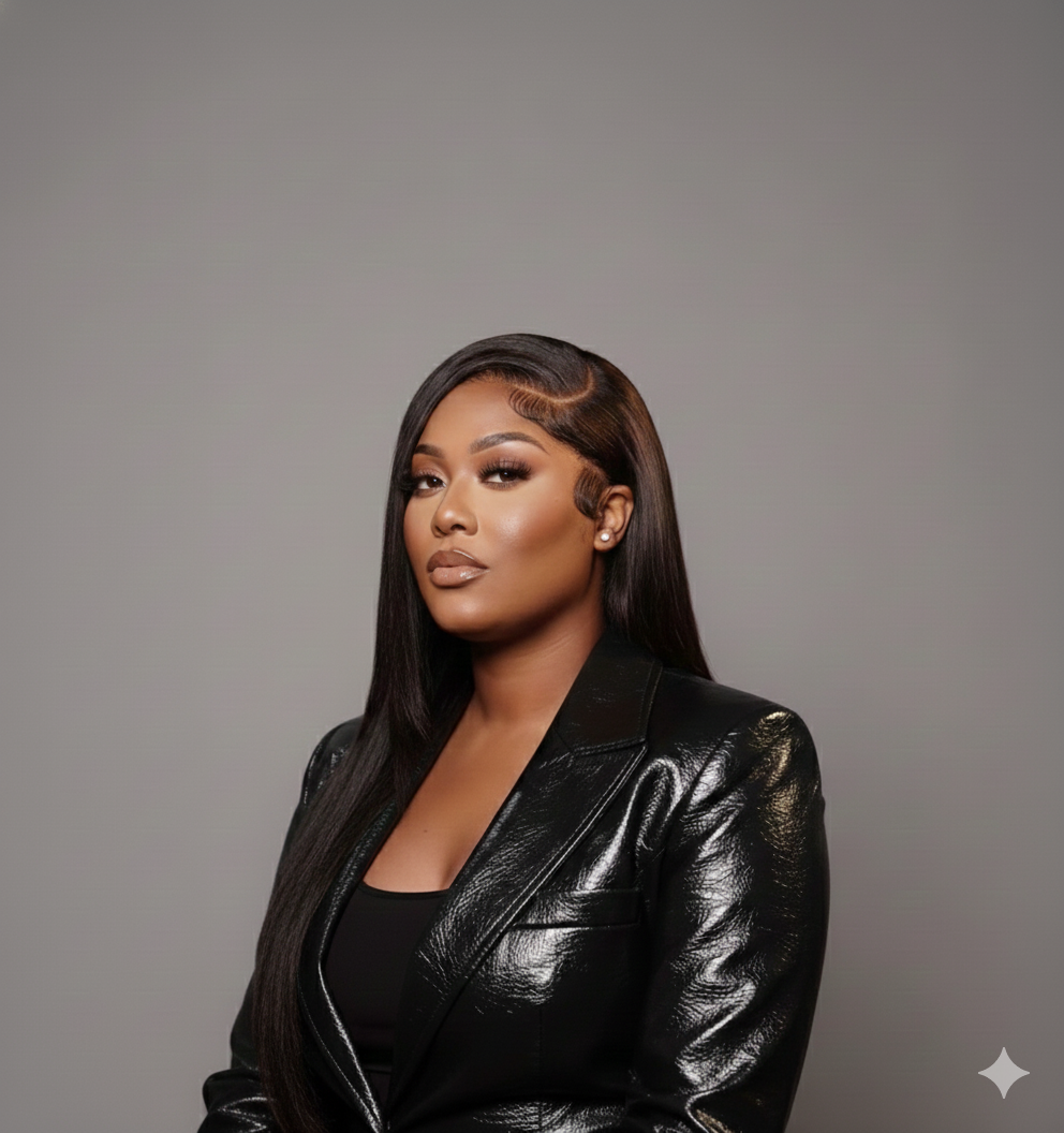 A professional woman with long, sleek hair wearing a black leather jacket, posing against a plain gray background.
