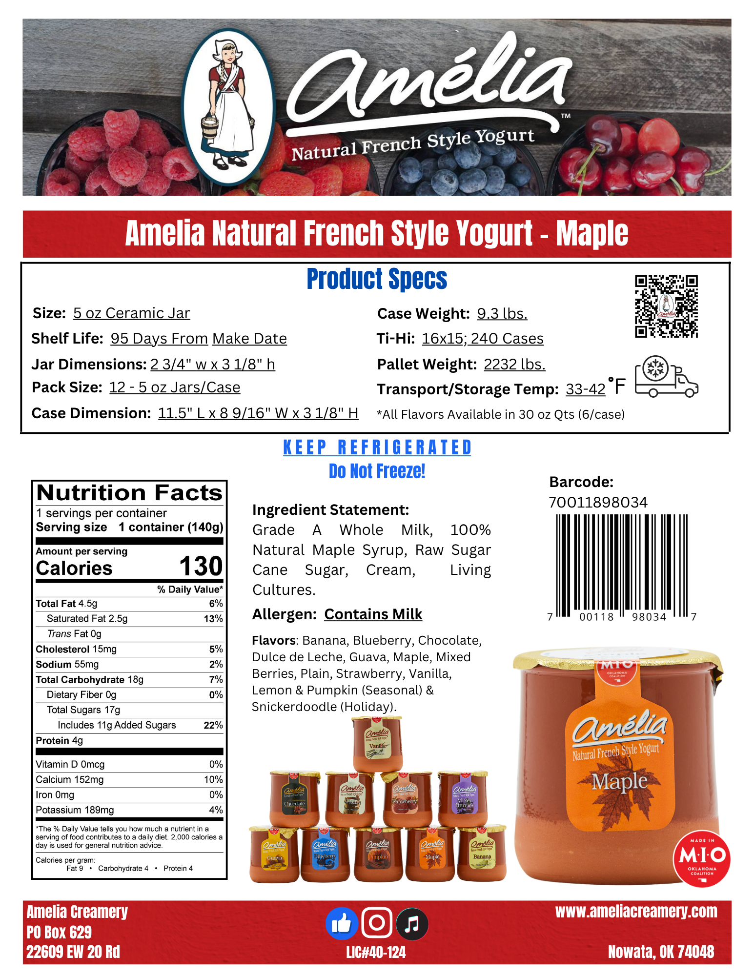 A food product label for Amelia Natural French Style Yogurt in Maple flavor, featuring images of various berries such as raspberries, strawberries, blueberries, and cherries. The label includes nutritional facts, sugar content, ingredients, and the company's contact information.