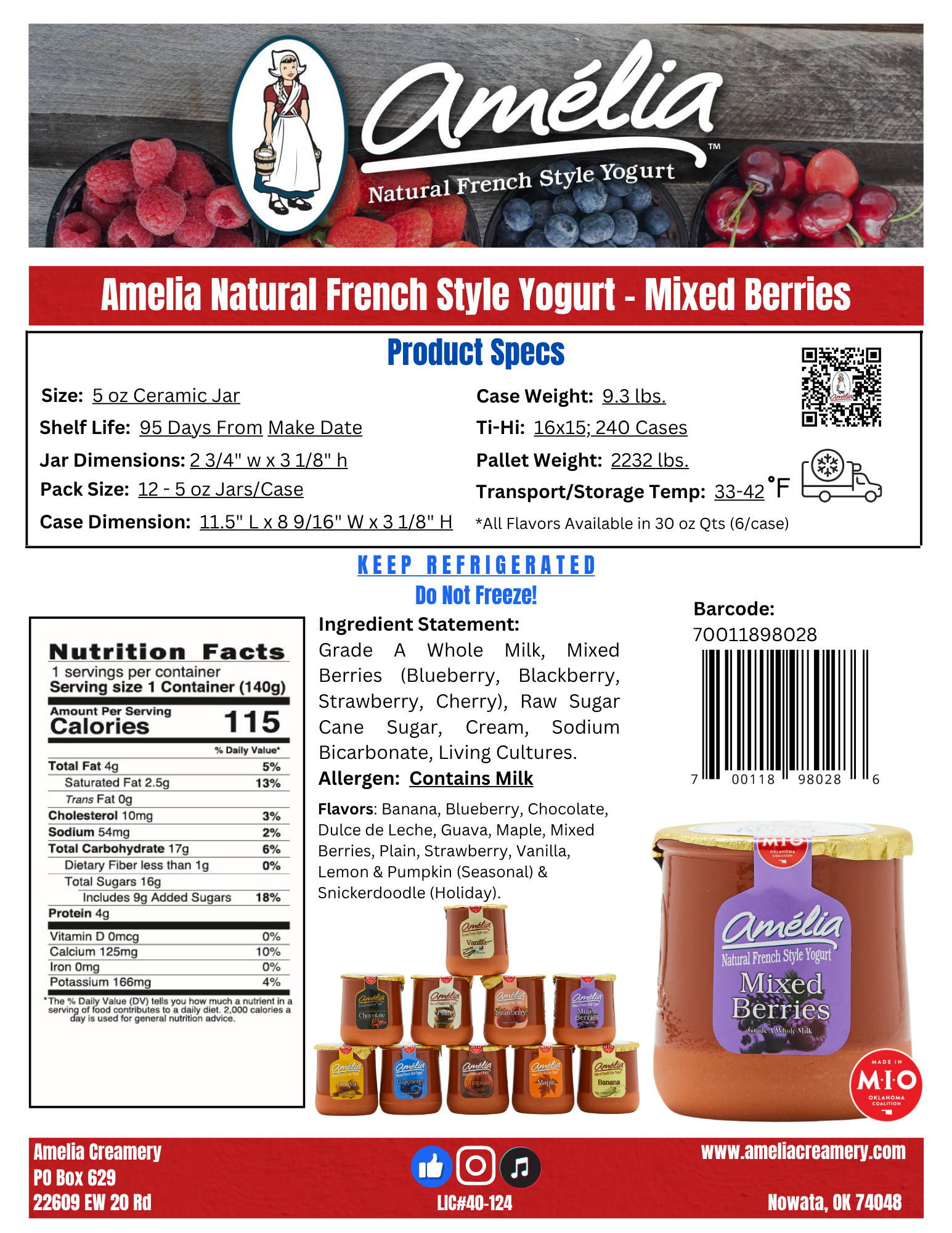 Label for Amelia Natural French Style Yogurt in Mixed Berries flavor, showing a large jar of yogurt with a purple label, surrounded by smaller images of various flavors of yogurt containers, and nutritional information.