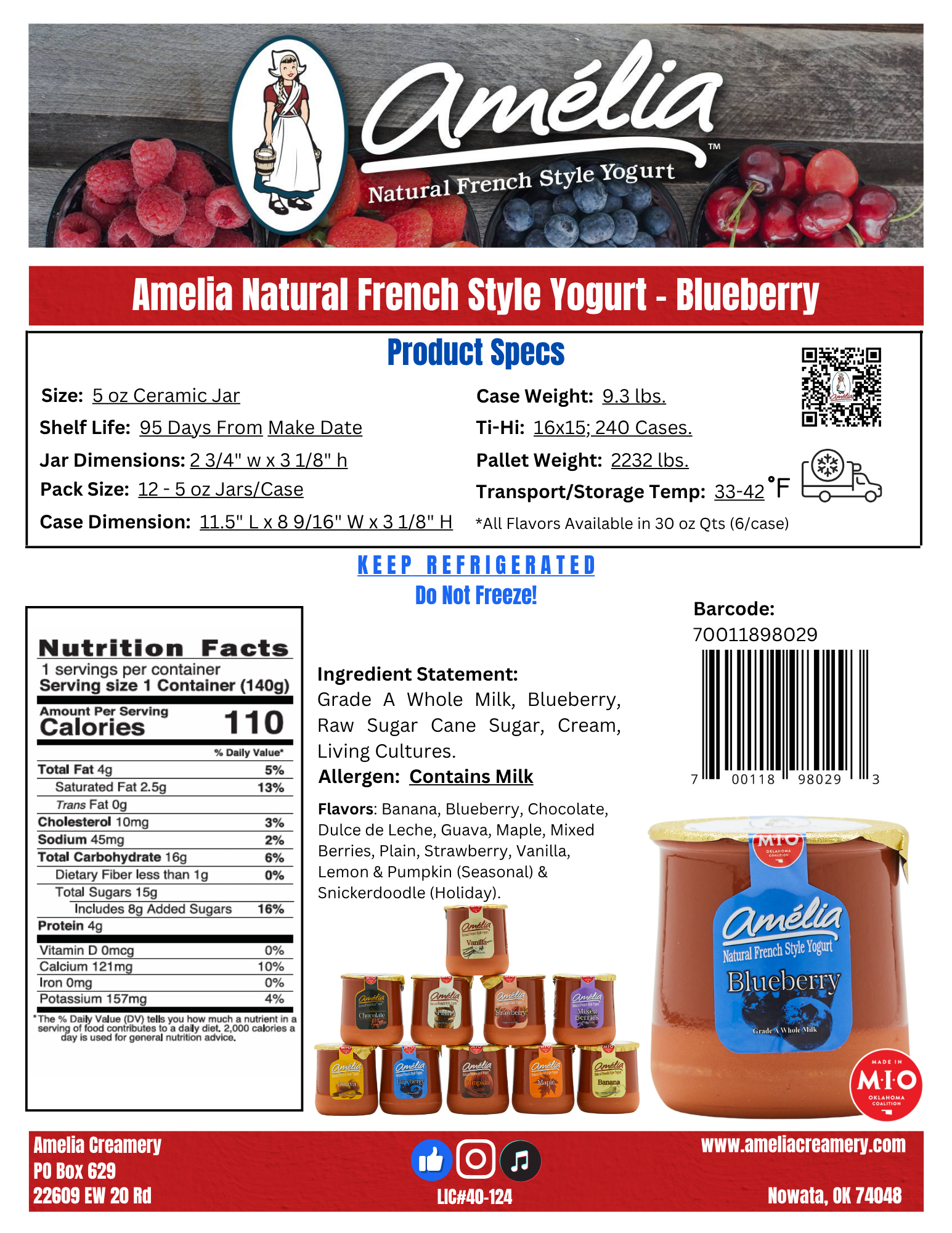 A yogurt packaging label for Amelia Natural French Style Yogurt in Blueberry flavor. The label features images of blueberries, raspberries, strawberries, and cherries, with a cartoon illustration of a woman holding buckets of yogurt. It provides product specifications, nutrition facts, ingredient list, contact information for Amelia Creamery in Nowata, Oklahoma, and social media icons.