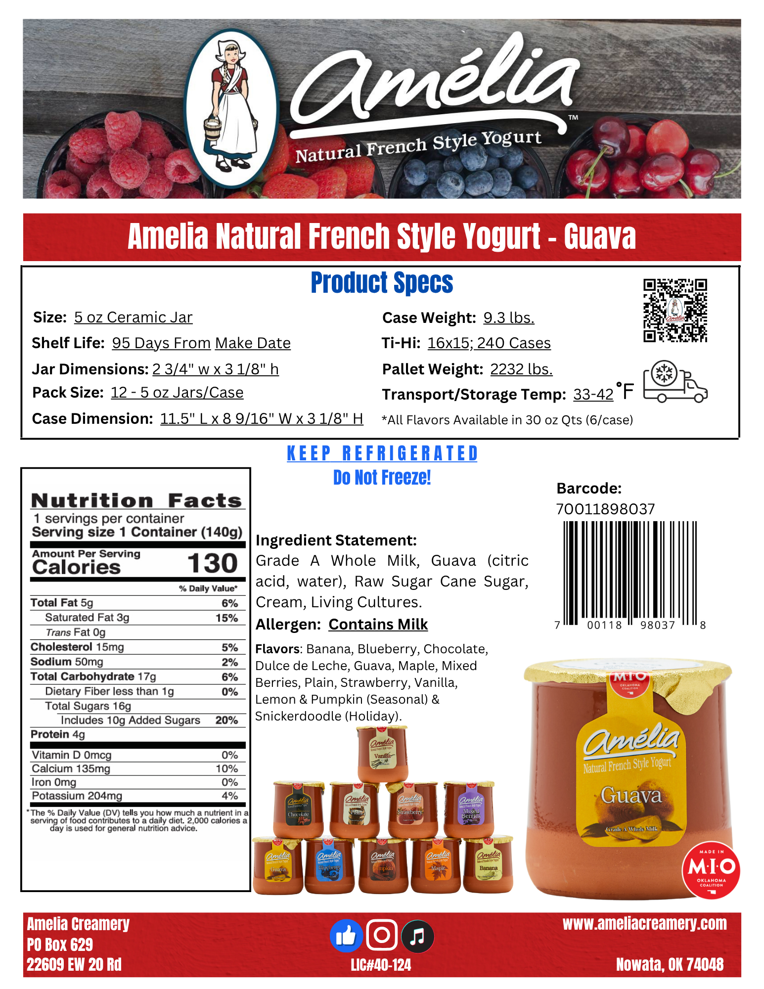 Label for Amelia natural French style yogurt with guava flavor, featuring an illustration of a woman in traditional dress holding a basket, a bowl of mixed berries, and several jars of yogurt in various flavors.